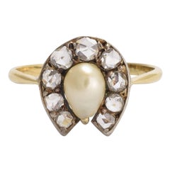 Victorian Pearl Rose Cut Diamond Horseshoe Ring