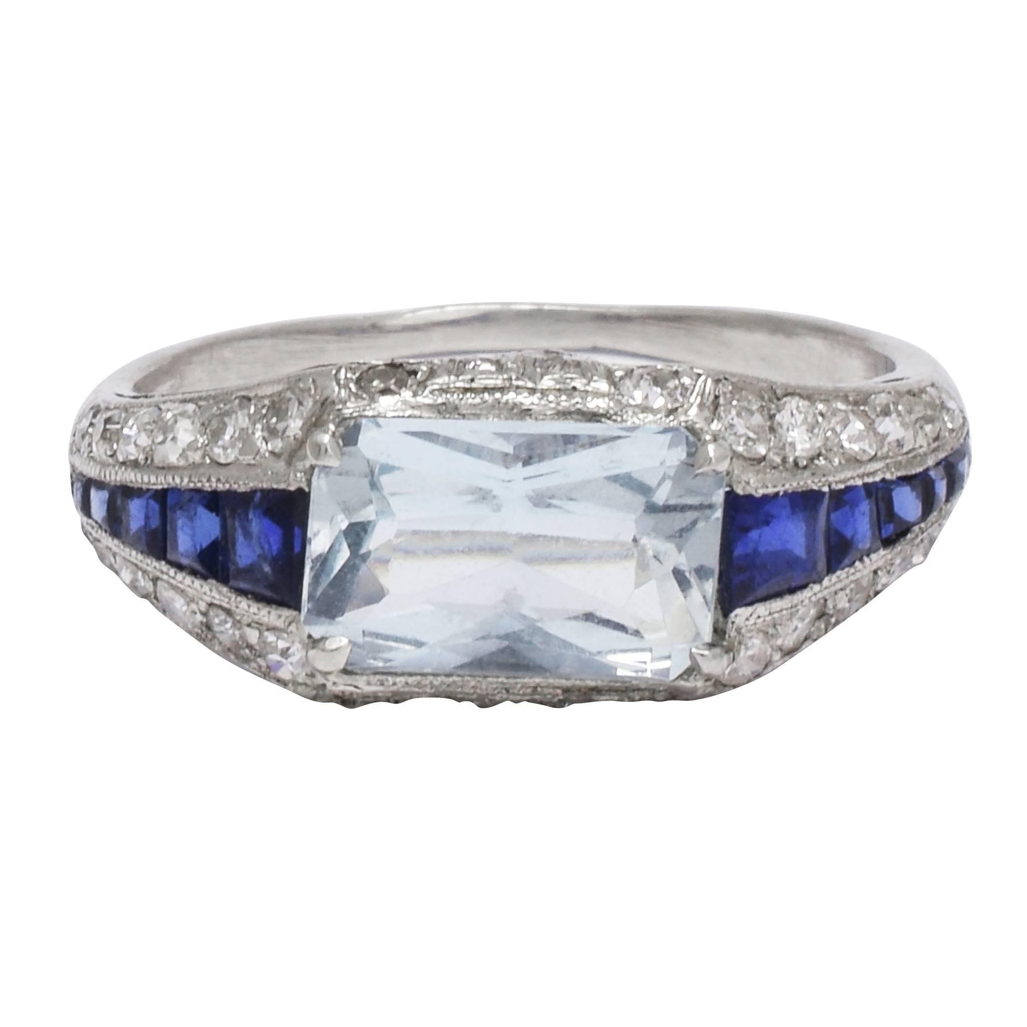 Art Deco Aquamarine Sapphire Diamond Platinum Cocktail Ring