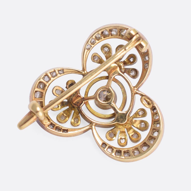 Antique Edwardian Diamond Pearl Millegrain Trefoil Brooch at 1stDibs