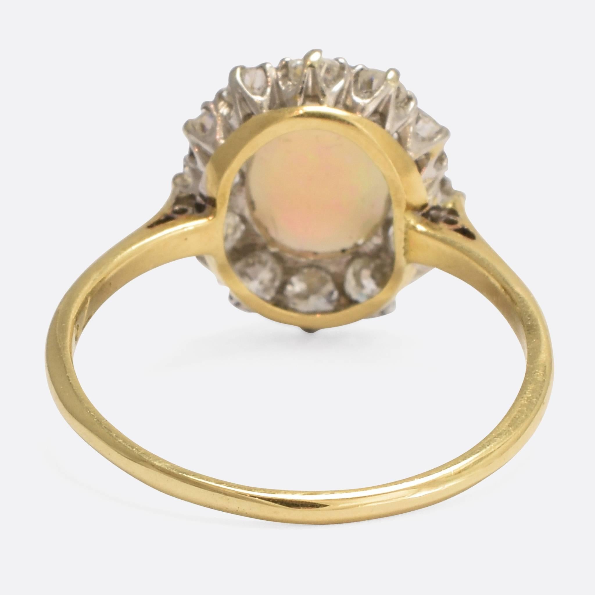 Round Cut Antique Edwardian Opal Diamond Halo Cluster Ring