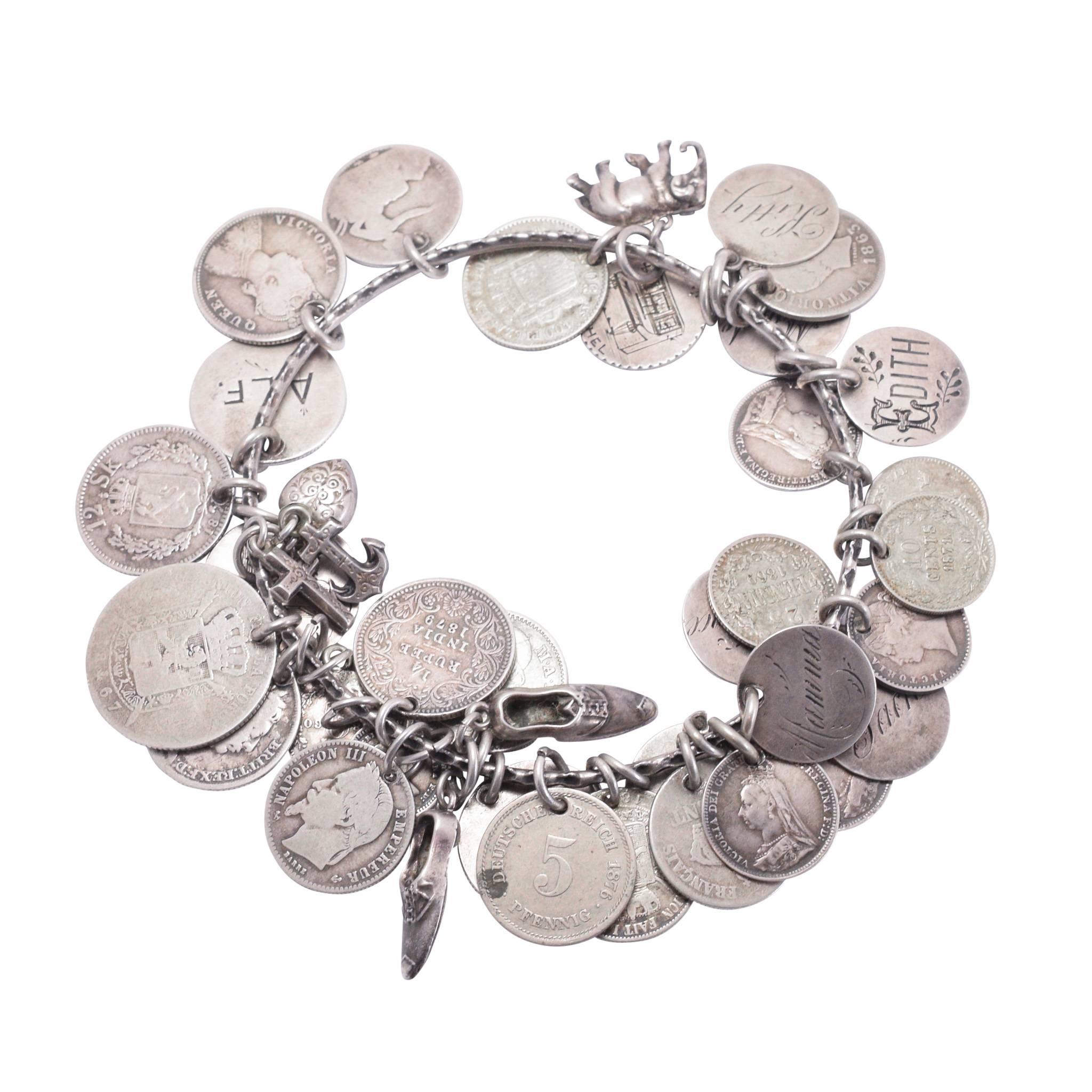 Victorian "Coins & Charms" Silver Love Token Bracelet