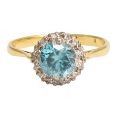 Antique Edwardian Blue Zircon Diamond Cluster Ring