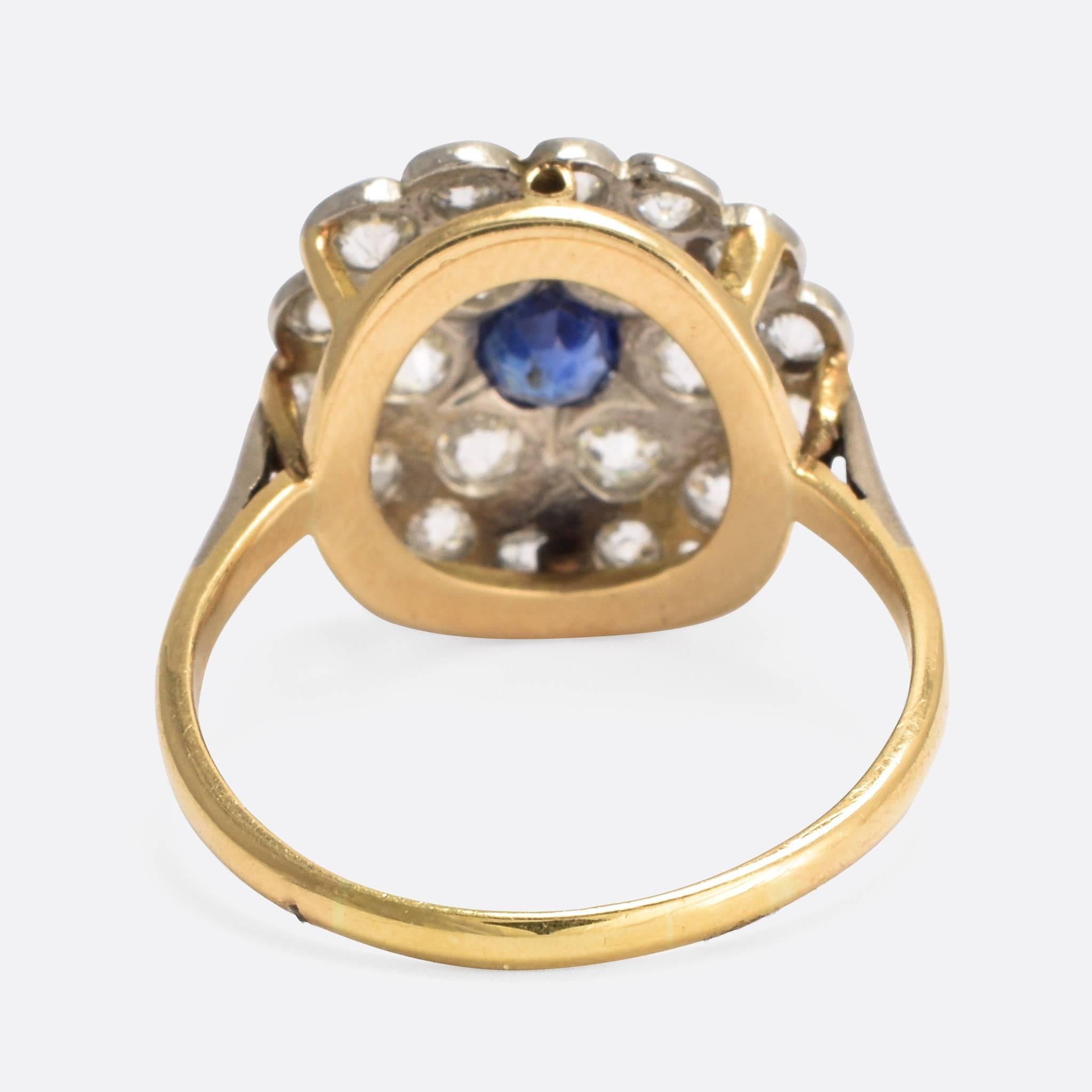 Art Deco Blue Sapphire Diamond Flower Cluster Ring In Excellent Condition In Sale, Cheshire