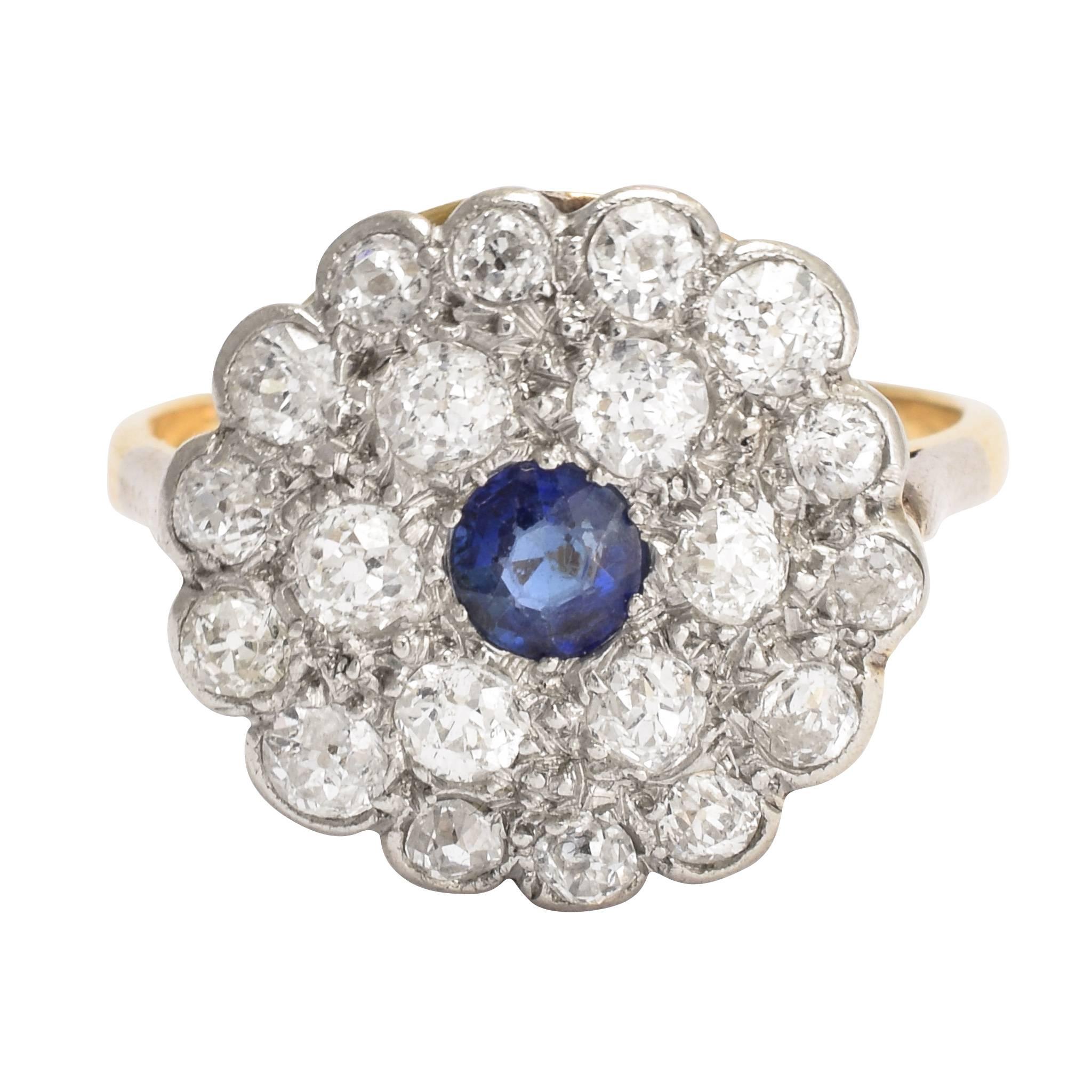 Art Deco Blue Sapphire Diamond Flower Cluster Ring