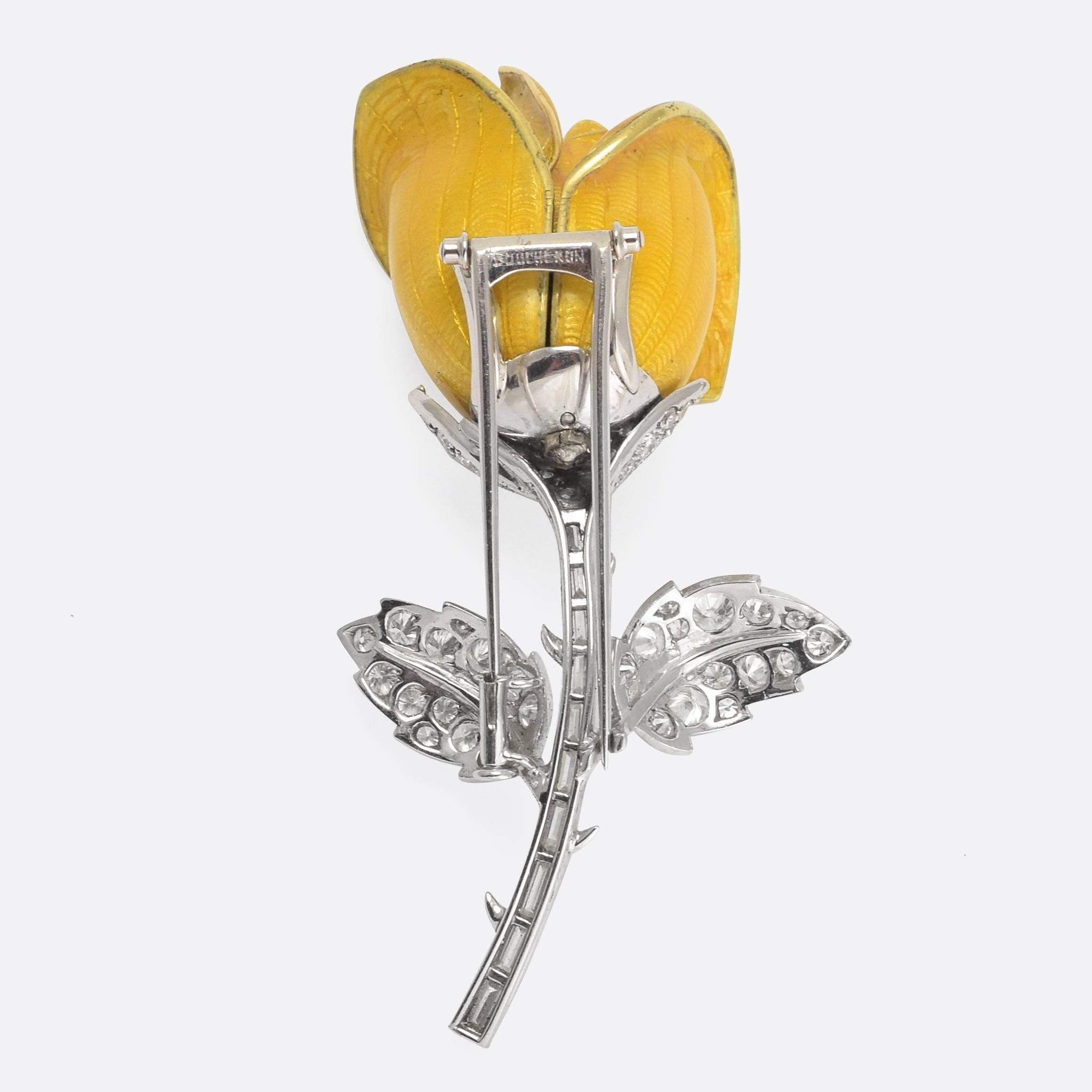 A stunning Rose brooch by Boucheron Paris, lavishly set with white diamonds and finished in vibrant yellow guilloché enamel. It dates to the 1950s, modelled in platinum and set with approx. 2.33 carats of baguette, brilliant and pear cut diamonds.