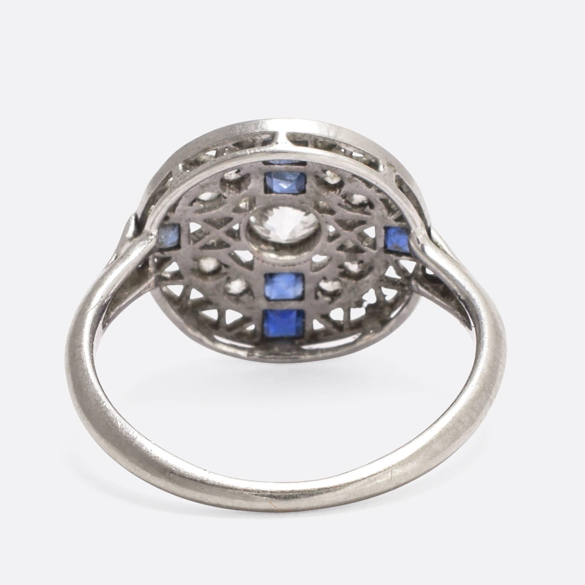 Art Deco Sapphire Diamond Openwork Cluster Ring In Excellent Condition In Sale, Cheshire