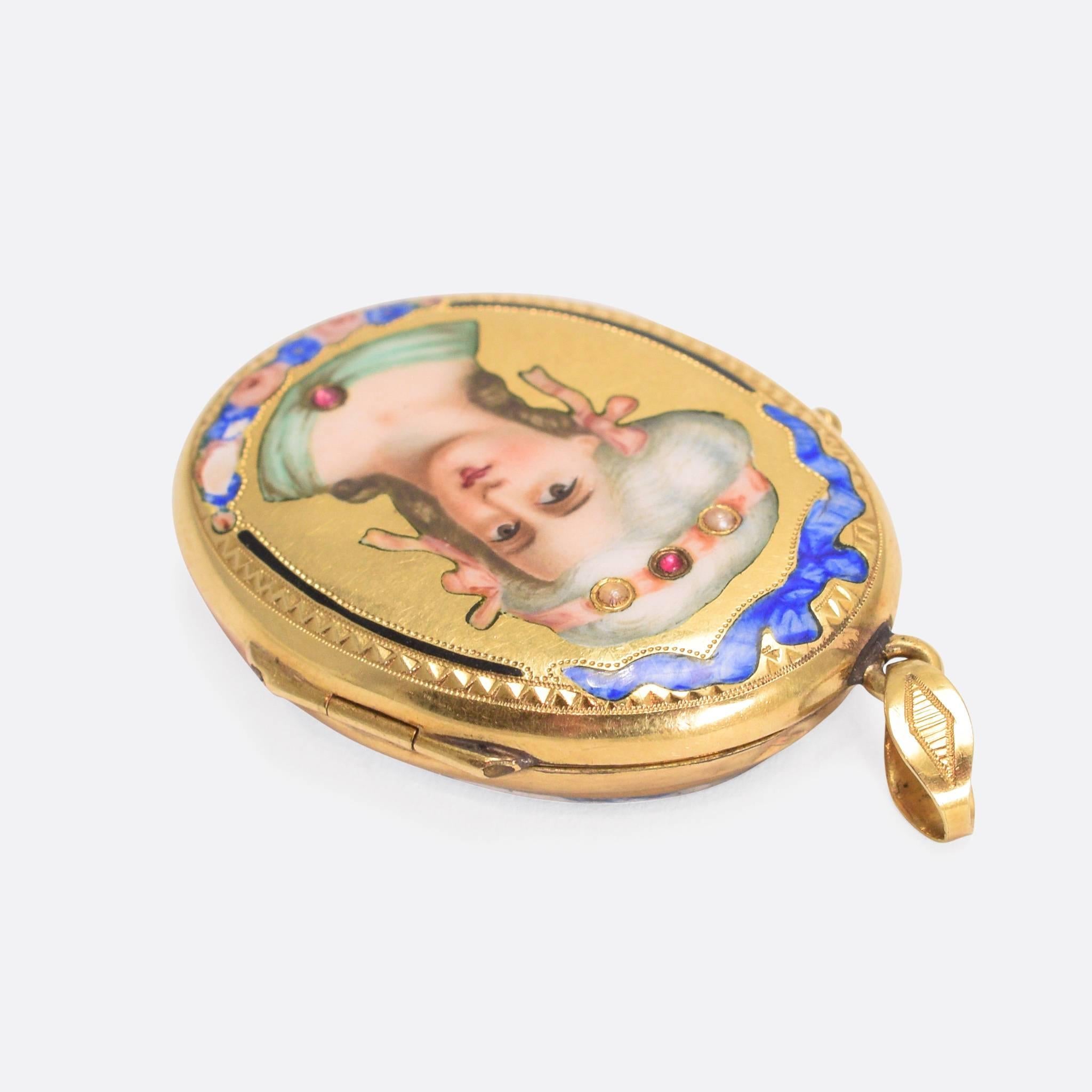 19th Century Ruby Pearl Enamelled Portrait Locket In Good Condition In Sale, Cheshire