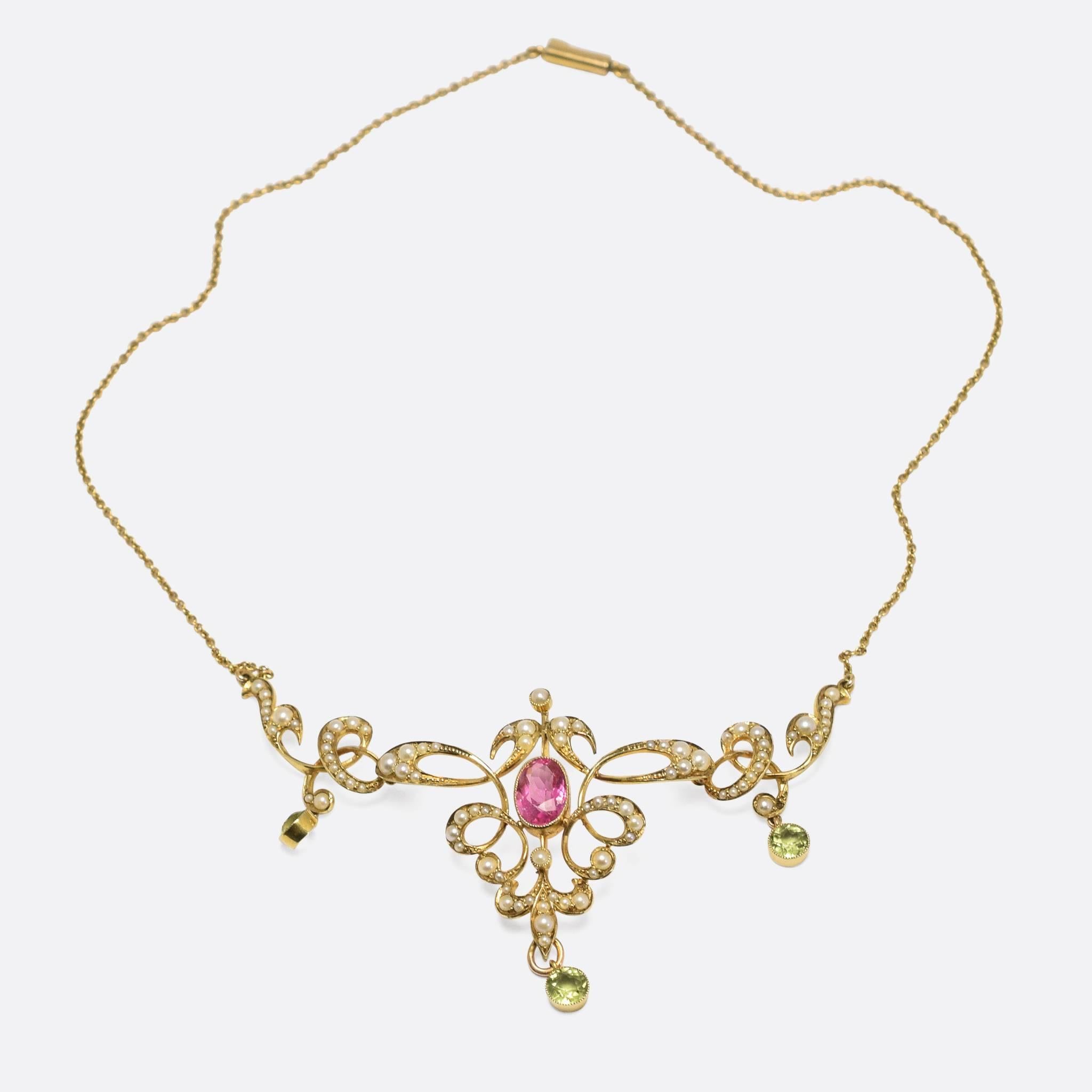 Edwardian Pink Topaz Peridot Pearl Lavaliere Necklace In Good Condition In Sale, Cheshire
