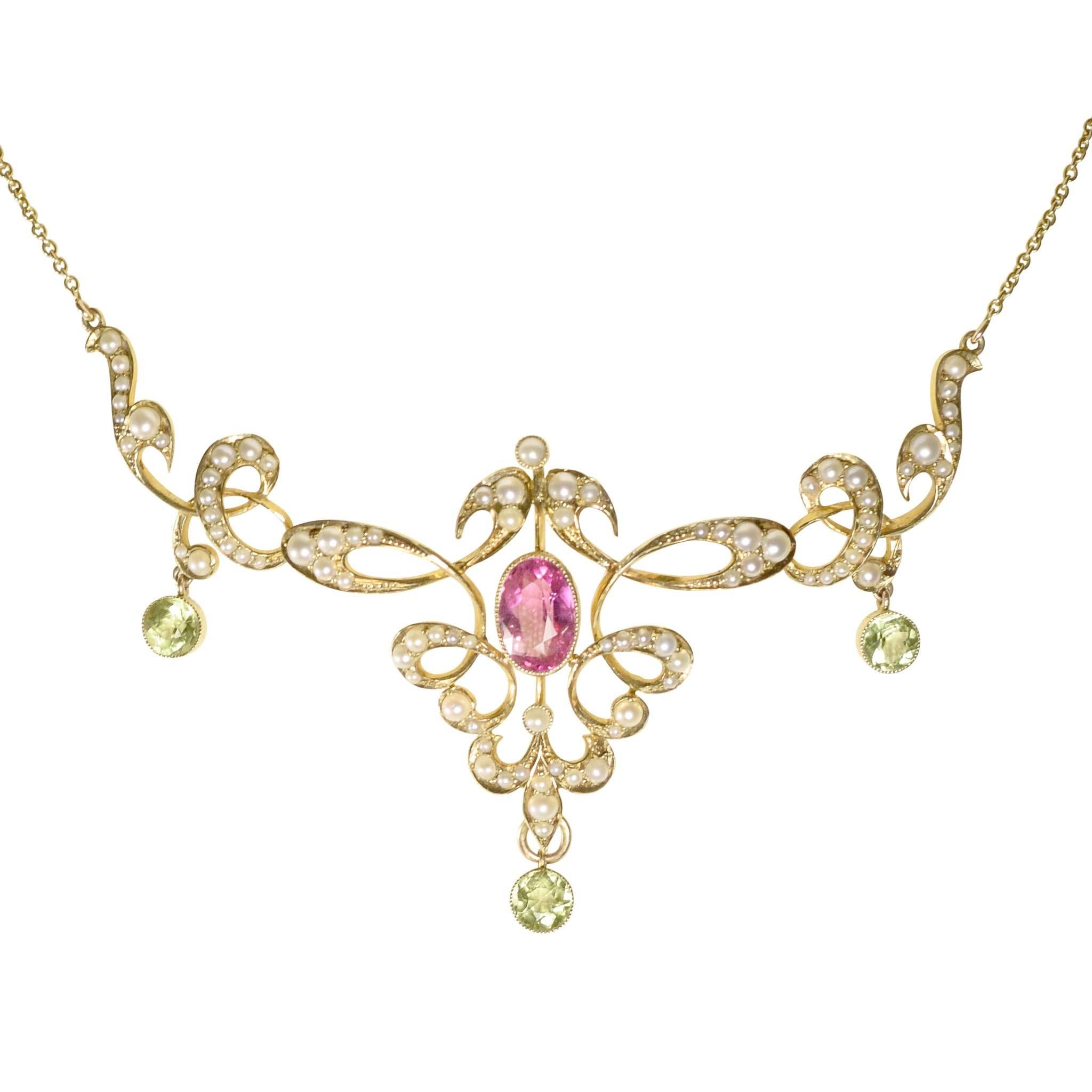 Edwardian Pink Topaz Peridot Pearl Lavaliere Necklace