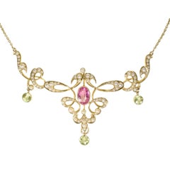 Antique Edwardian Pink Topaz Peridot Pearl Lavaliere Necklace