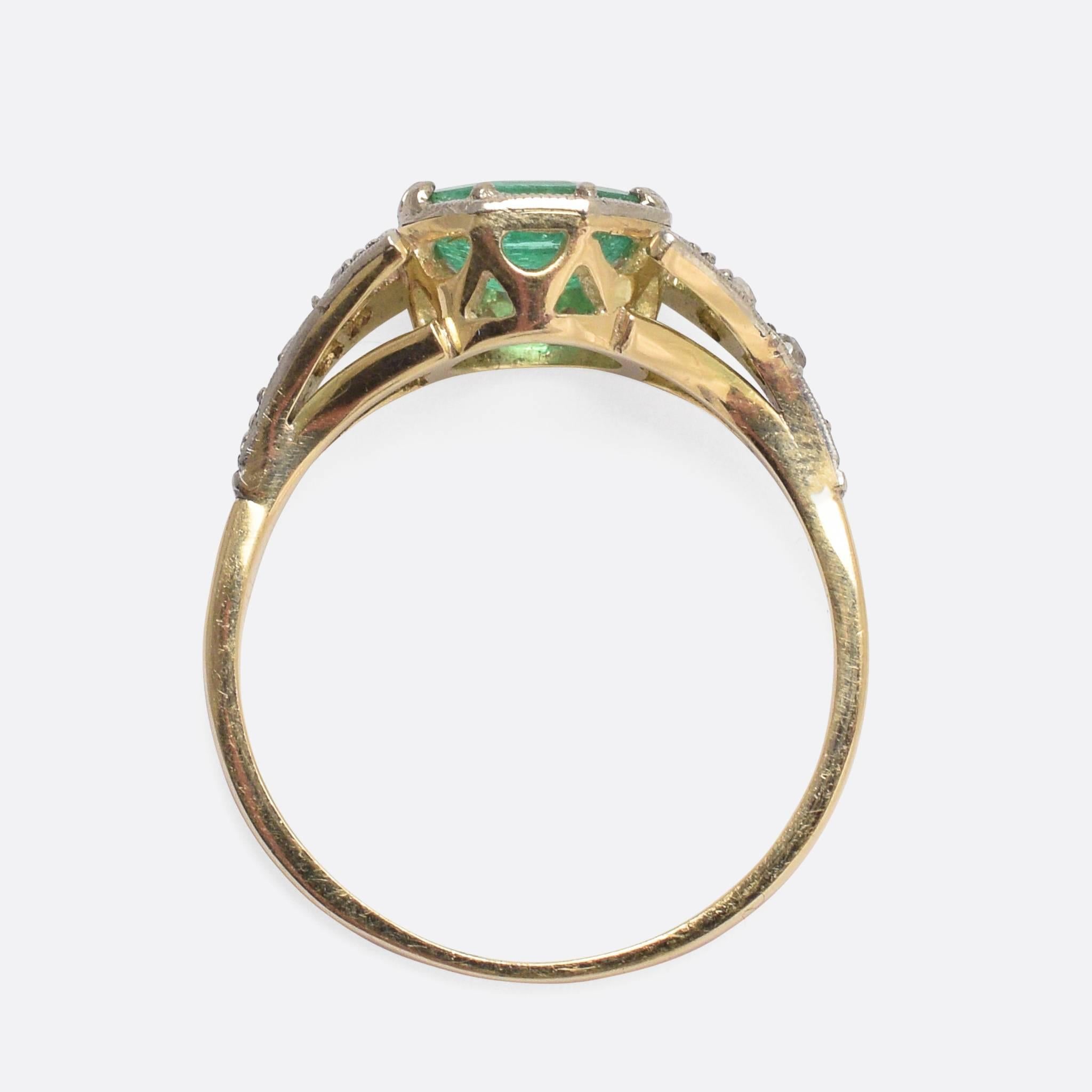 Women's Art Deco Colombian Emerald Diamond Millegrain Solitaire Ring