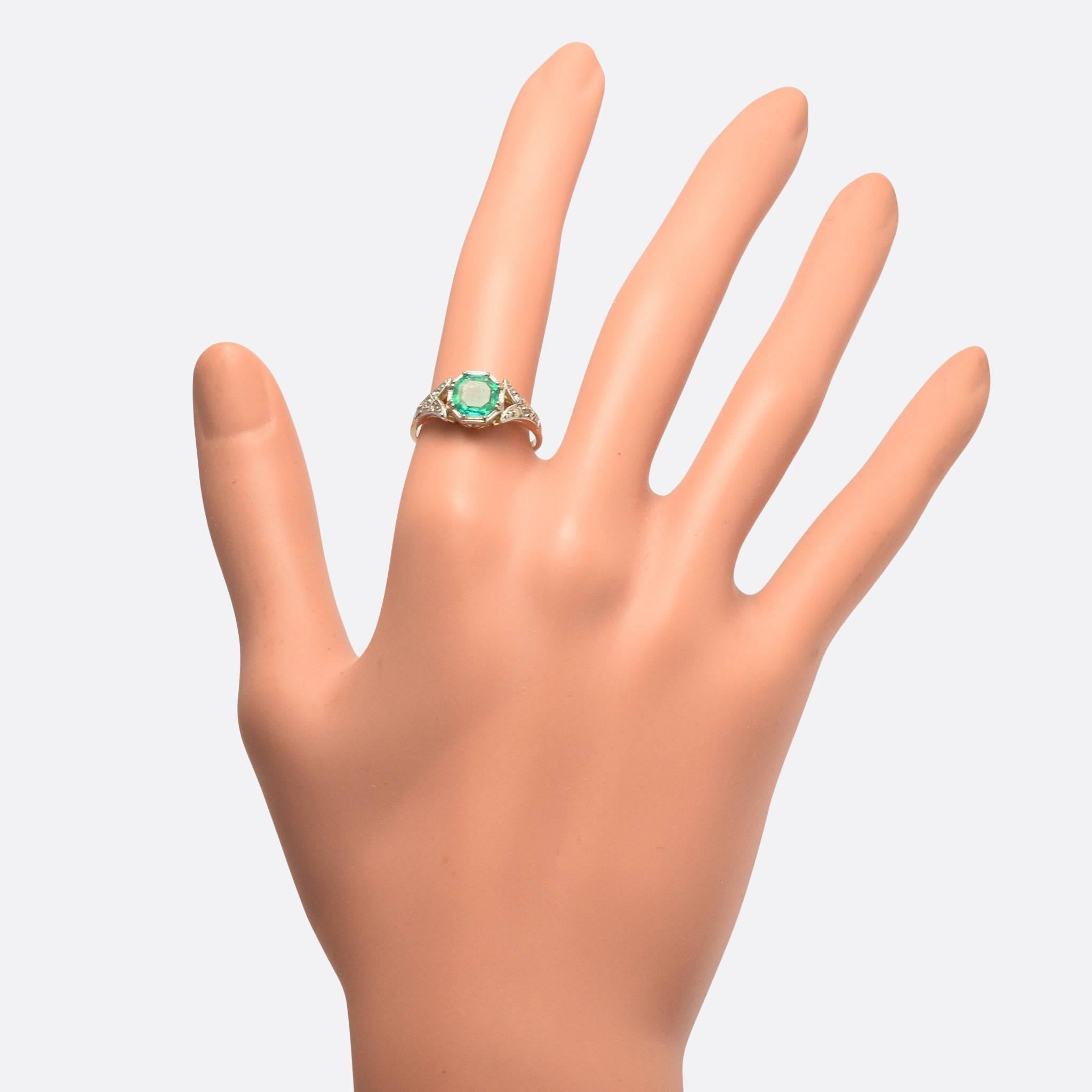 Art Deco Colombian Emerald Diamond Millegrain Solitaire Ring 1