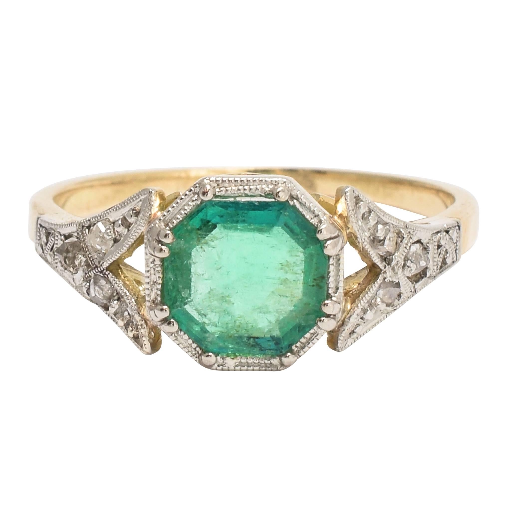 Art Deco Colombian Emerald Diamond Millegrain Solitaire Ring
