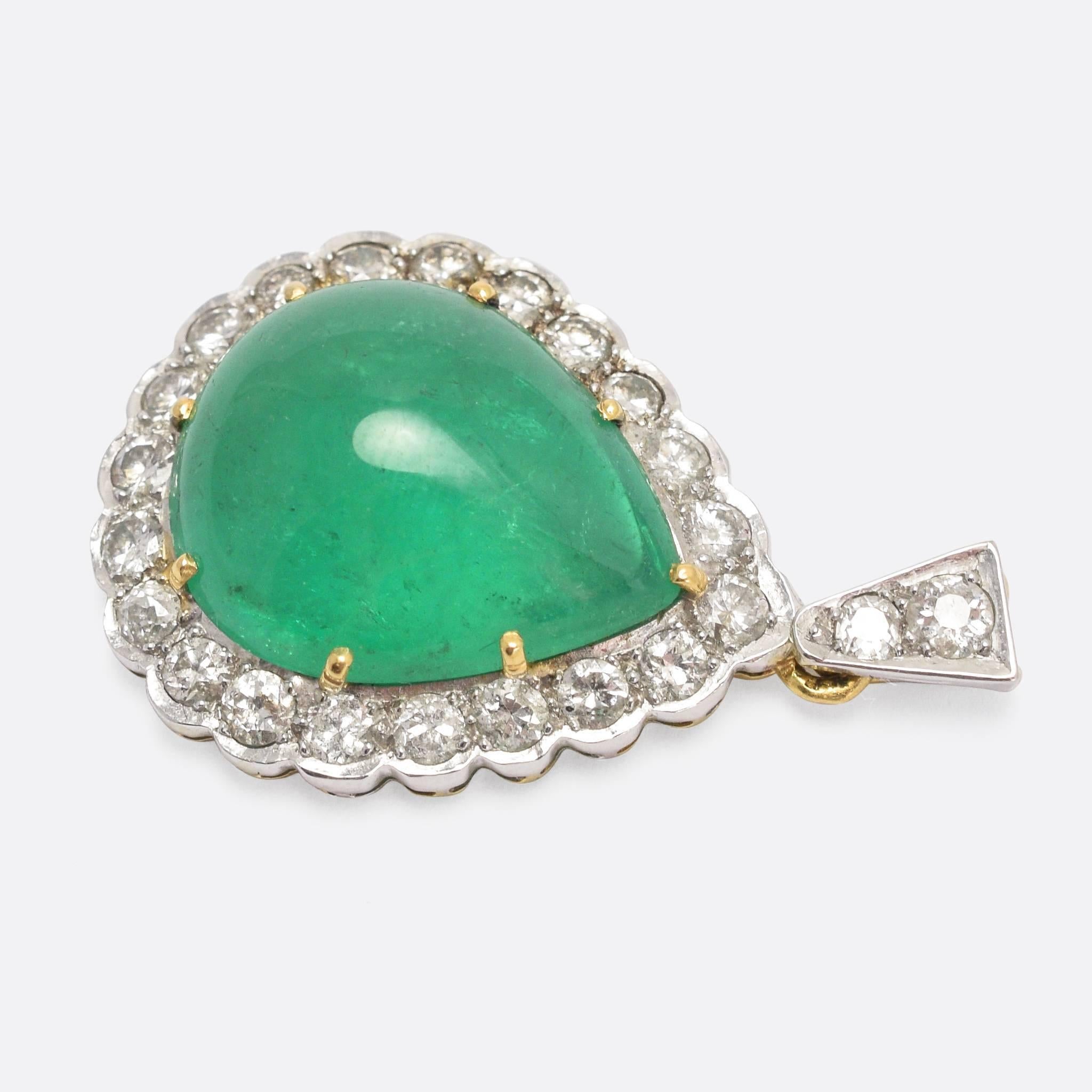 Edwardian 1970s 22.5 Carat Emerald and Diamond Teardrop Pendant