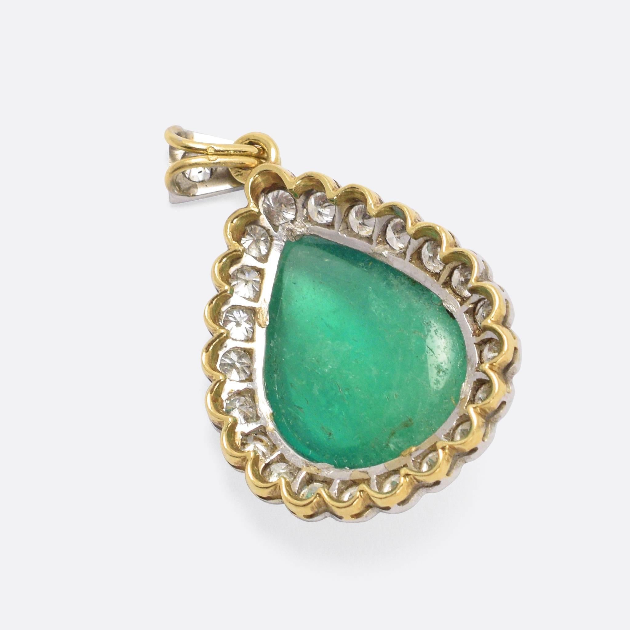 Pear Cut 1970s 22.5 Carat Emerald and Diamond Teardrop Pendant