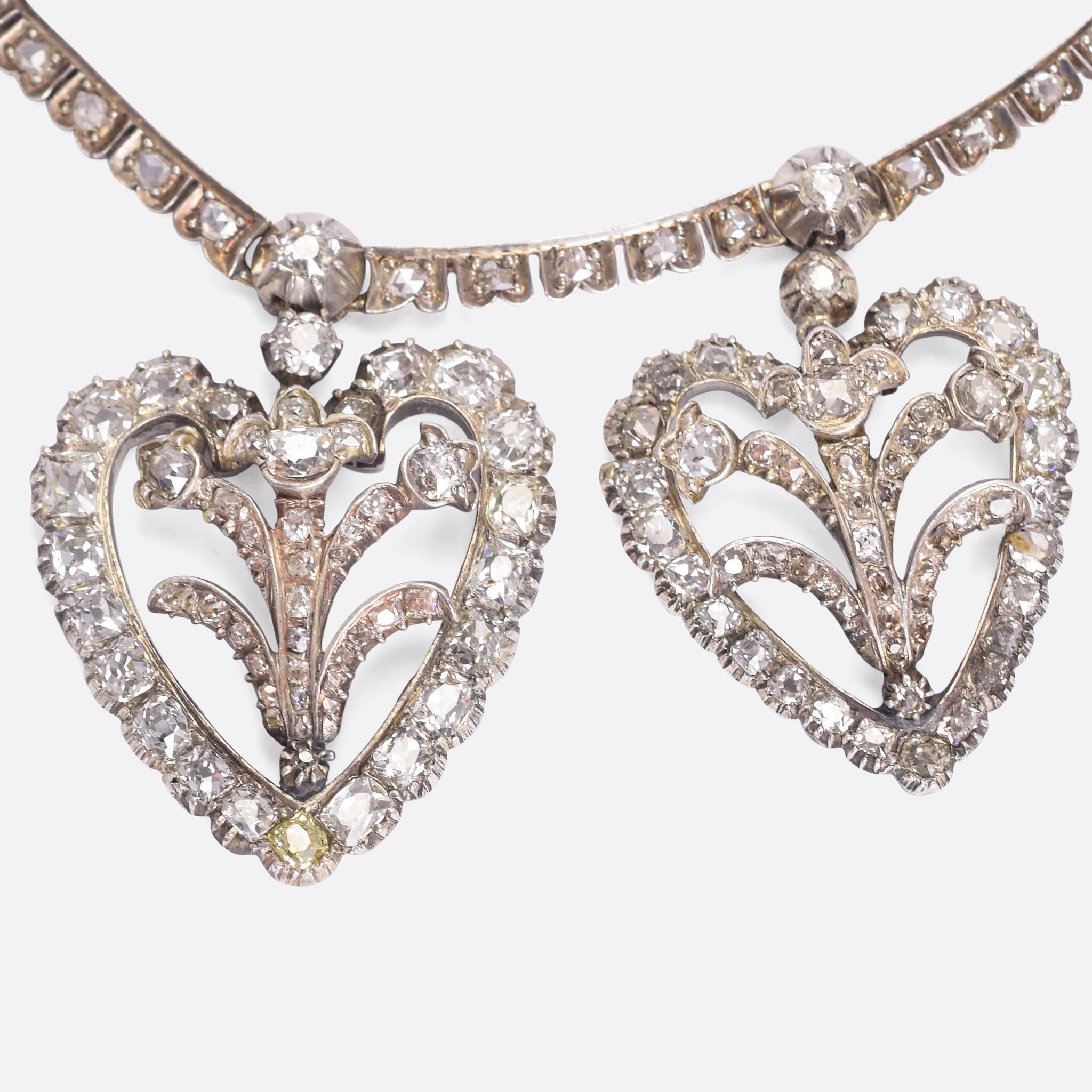 Old Mine Cut Antique Victorian 30 Carat Diamond Hearts Necklace