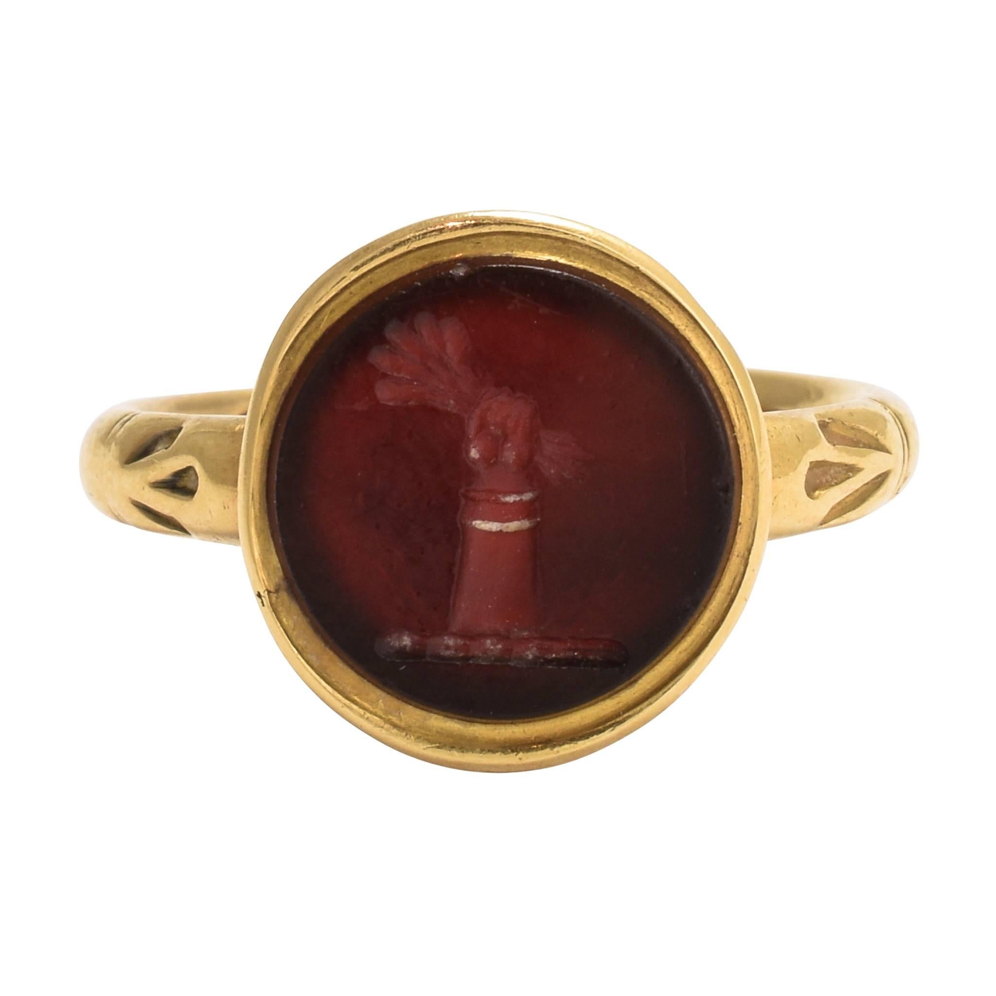 Victorian "Hand & Wheat" Carnelian Intaglio Signet Ring