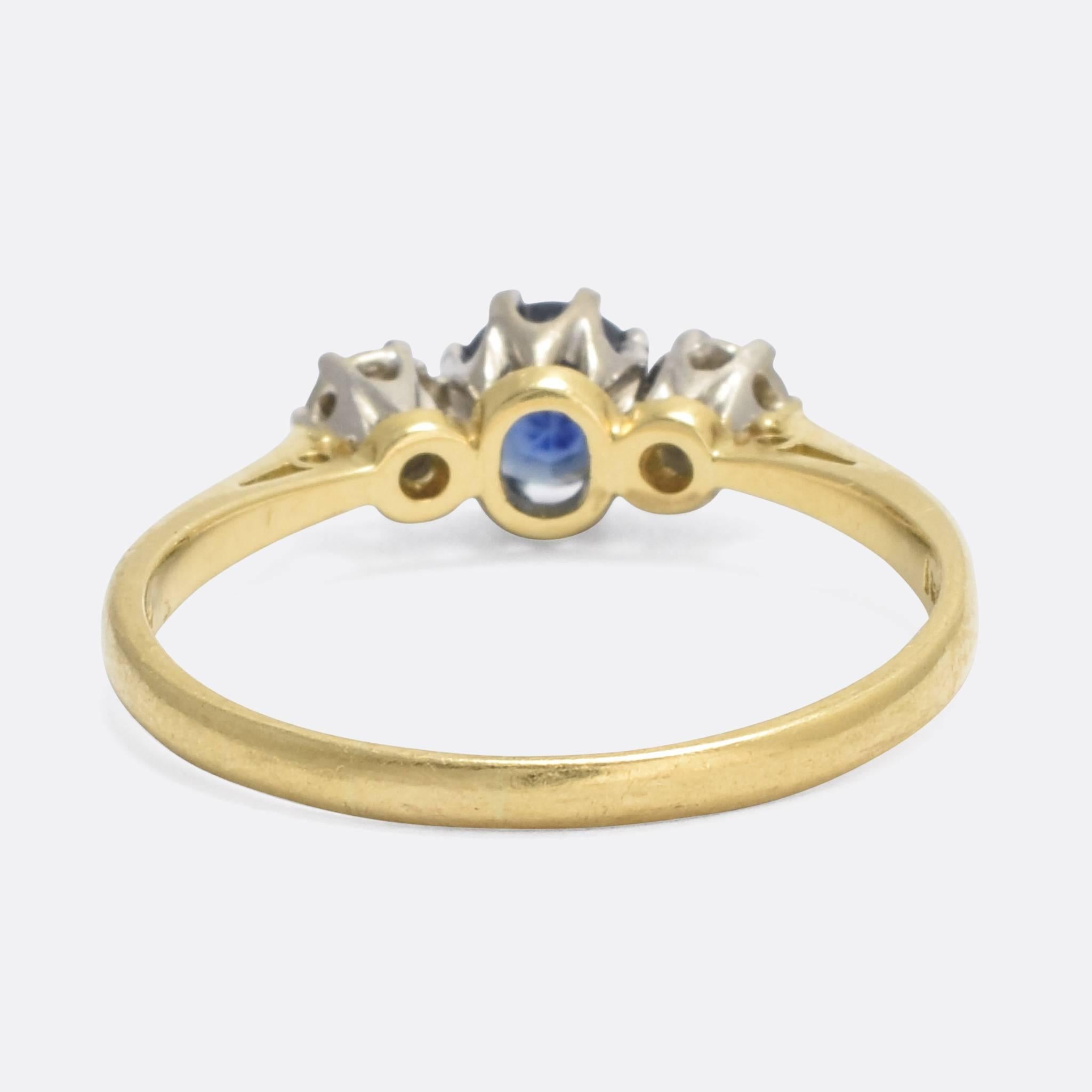 Round Cut Antique Edwardian Blue Sapphire Diamond Trilogy Ring