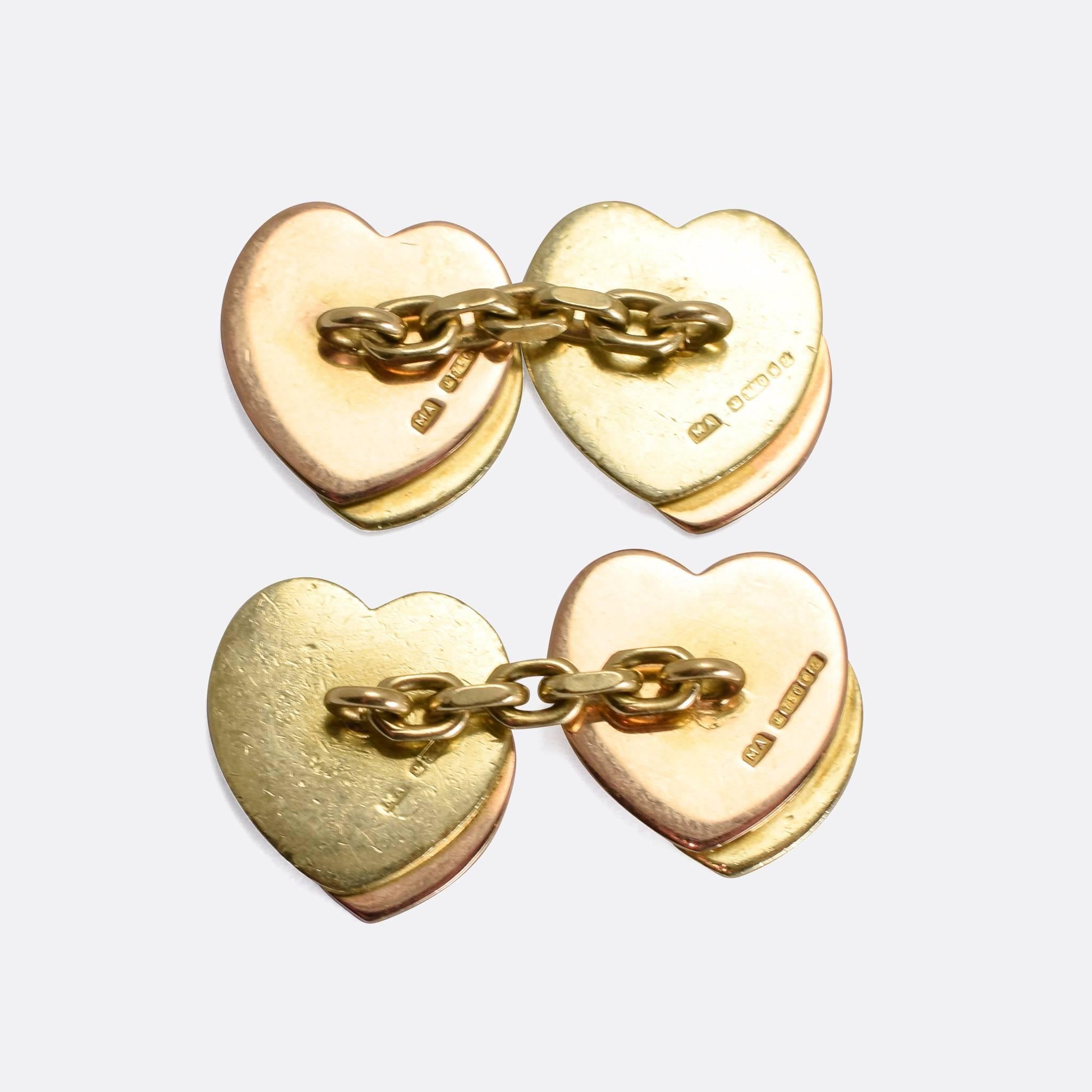 Vintage Two-Tone 18k Gold Heart Cufflinks In Excellent Condition In Sale, Cheshire