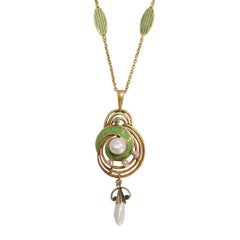 Art Nouveau Diamond Pearl Enamel Jugendstil Necklace