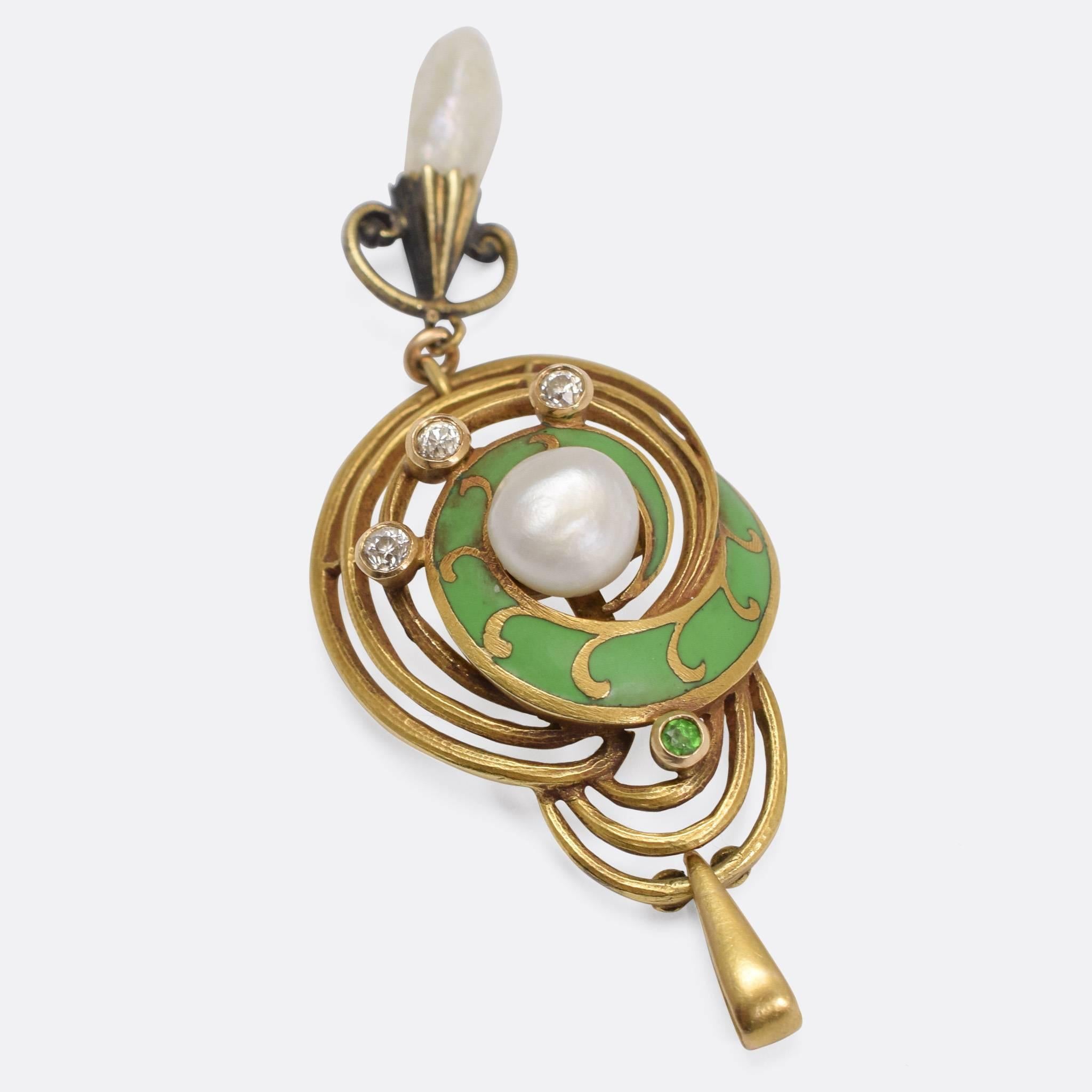 Art Nouveau Diamond Pearl Enamel Jugendstil Necklace 1