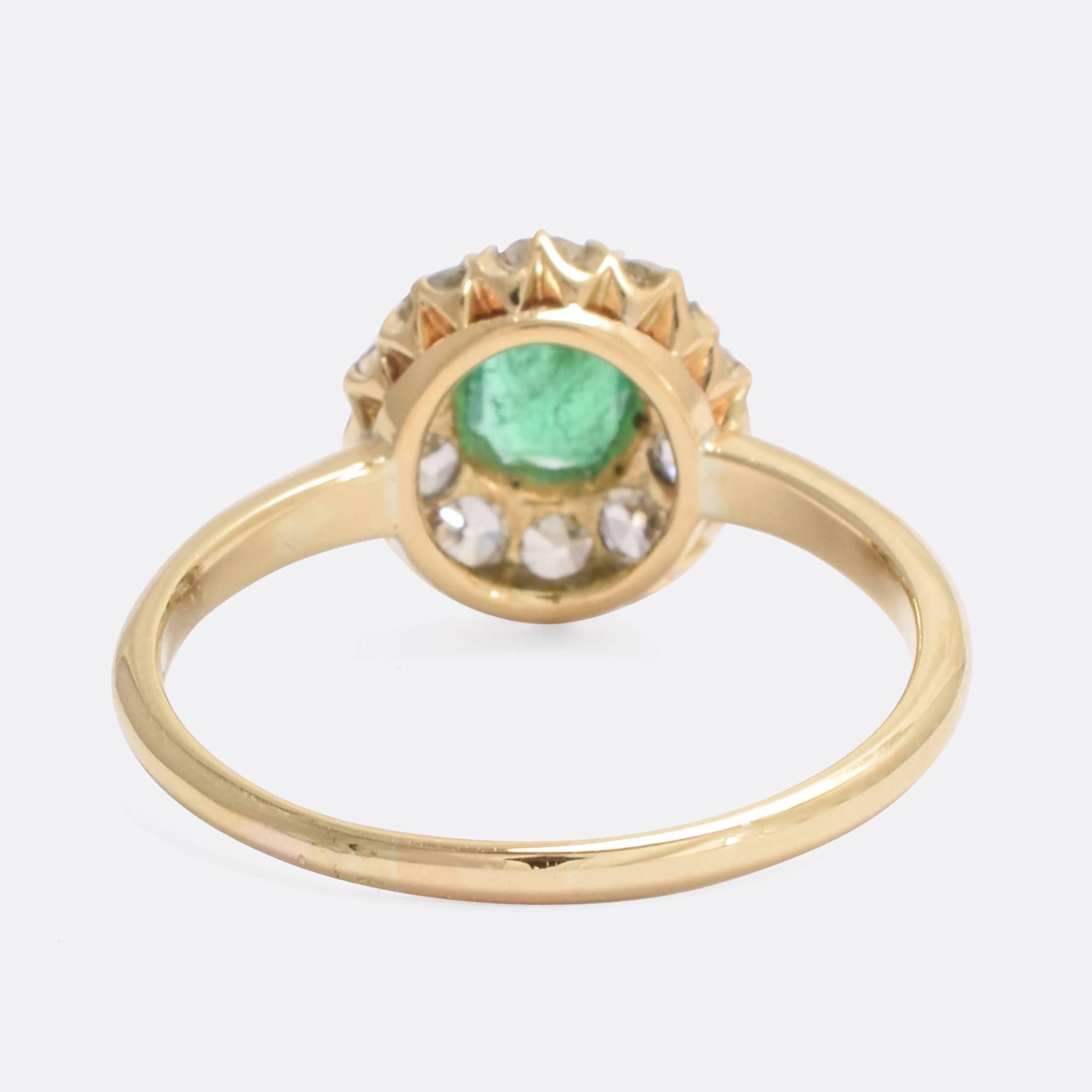 Emerald Cut Antique Edwardian Emerald Diamond Round Cluster Ring