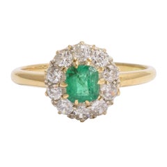 Antique Edwardian Emerald Diamond Round Cluster Ring