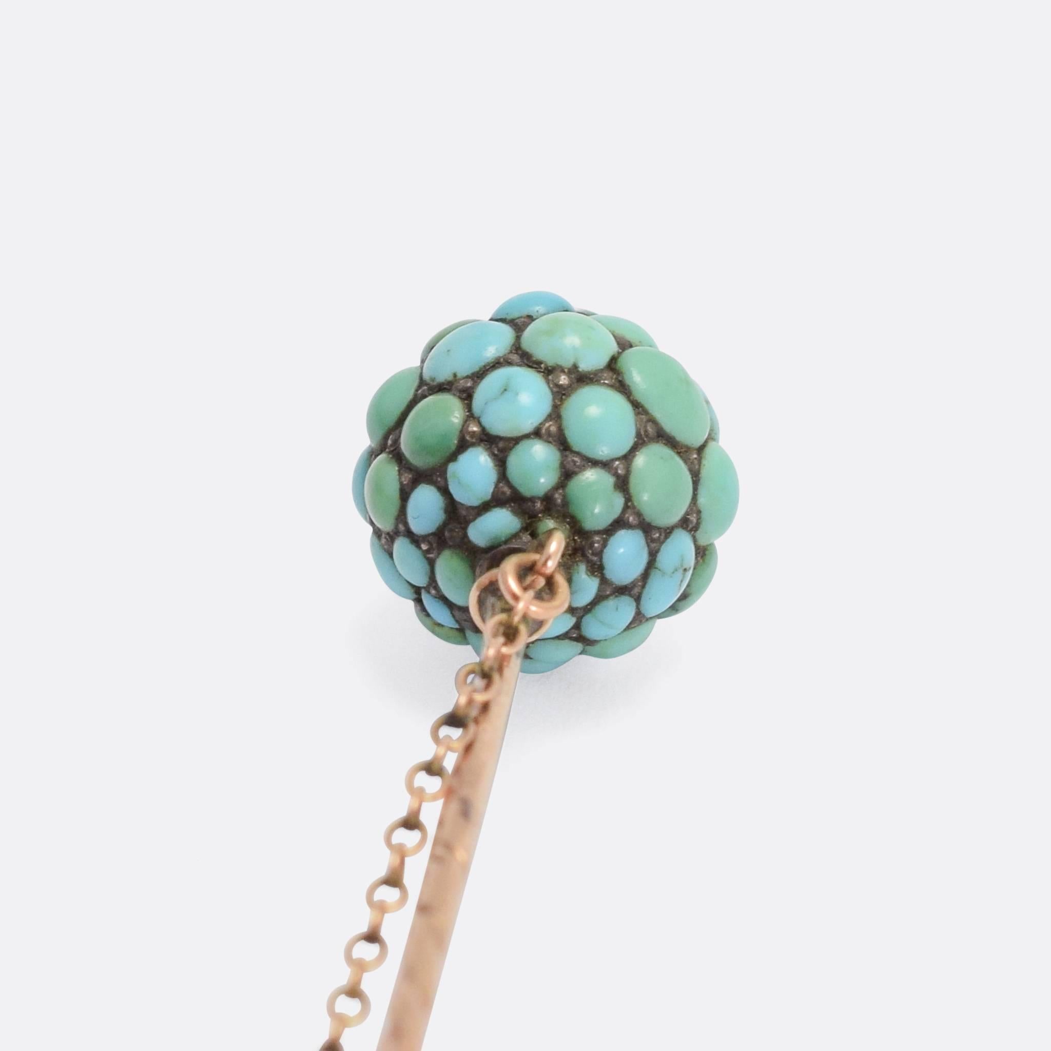 Women's or Men's Antique Victorian Turquoise Orb Stick Pin