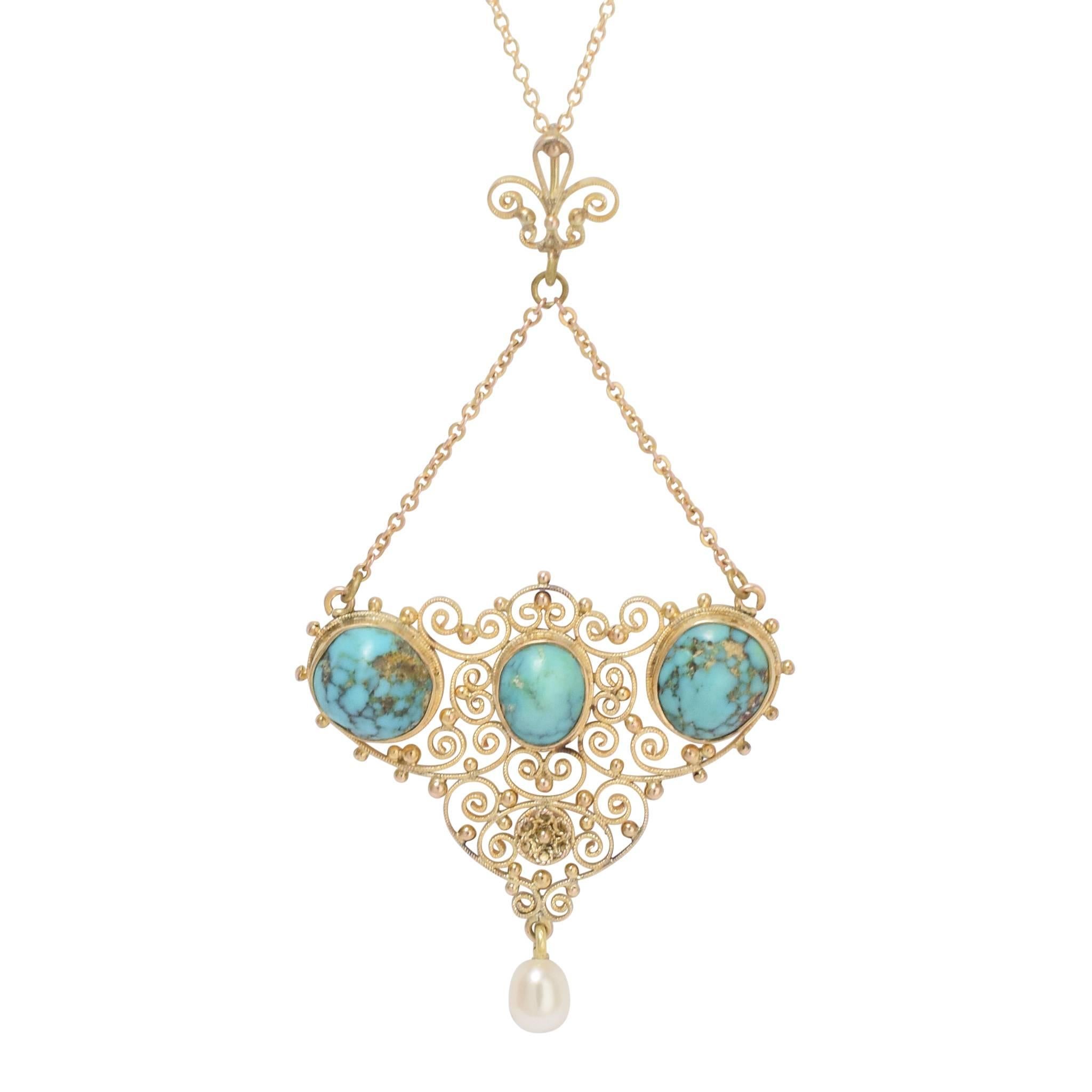 Antique Arts And Crafts Turquoise Matrix Pearl Pendant Necklace At Antique Arts And Crafts Turquoise Matrix Pearl Pendant Necklace At 1stdibs