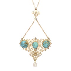 Antique Arts & Crafts Turquoise Matrix Pearl Pendant Necklace