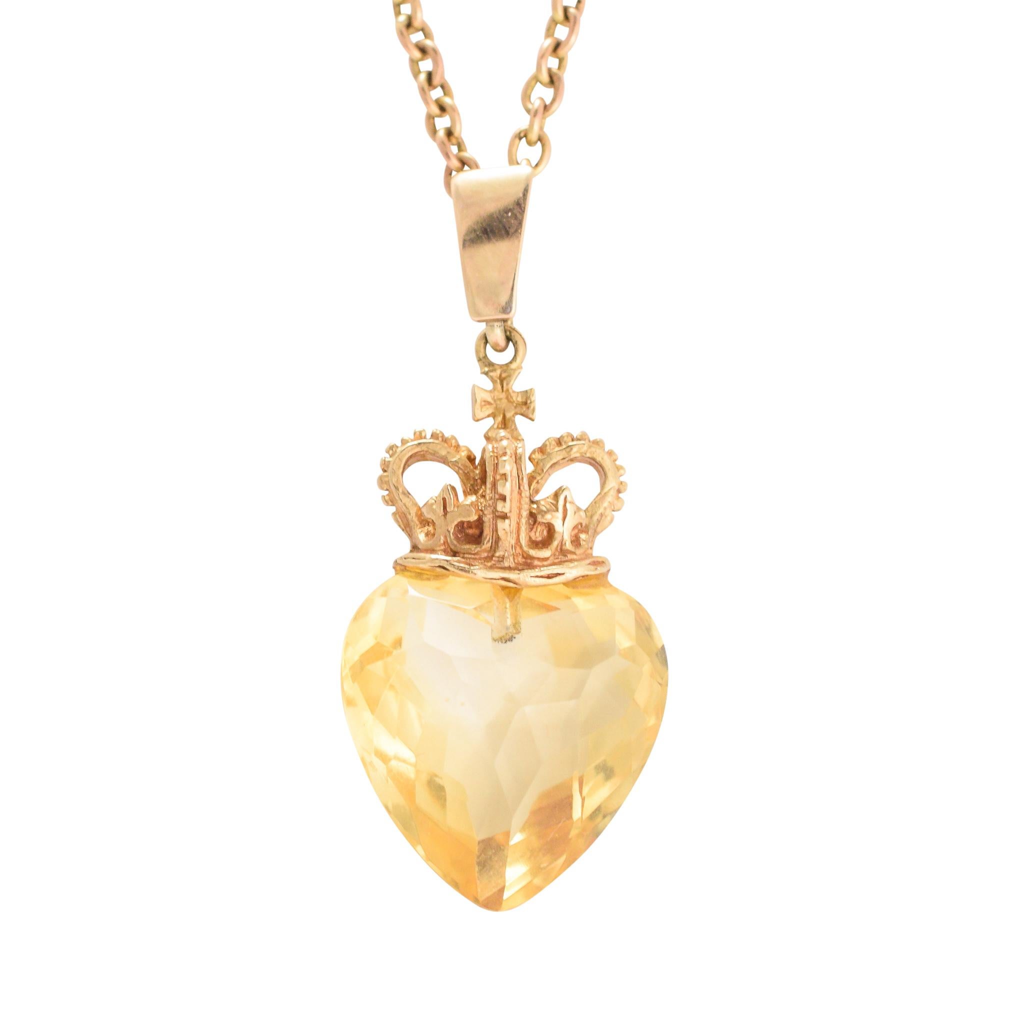 Antique Victorian Citrine "Crowned Heart" Pendant Necklace