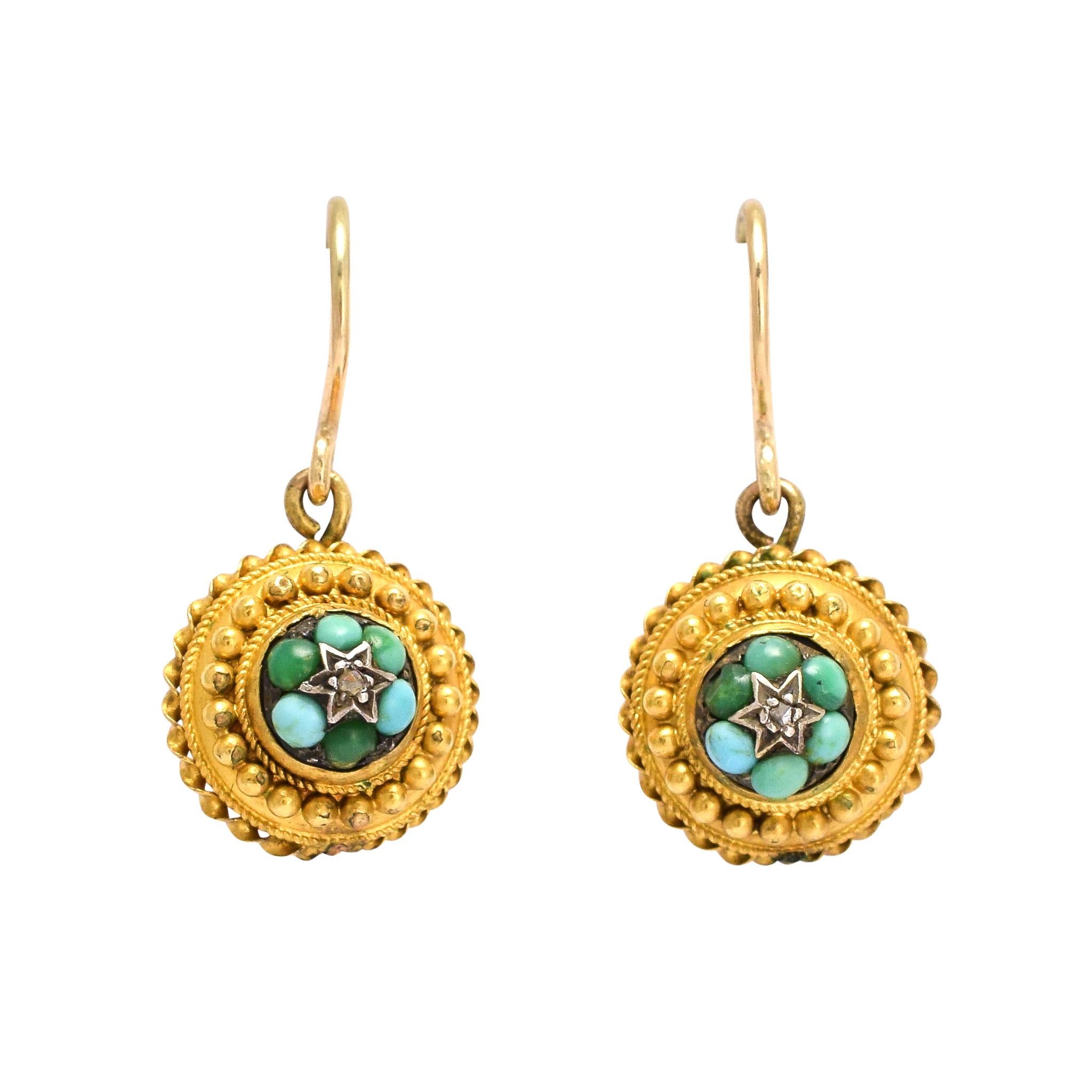 Antique Victorian Etruscan Revival Turquoise Diamond Earrings