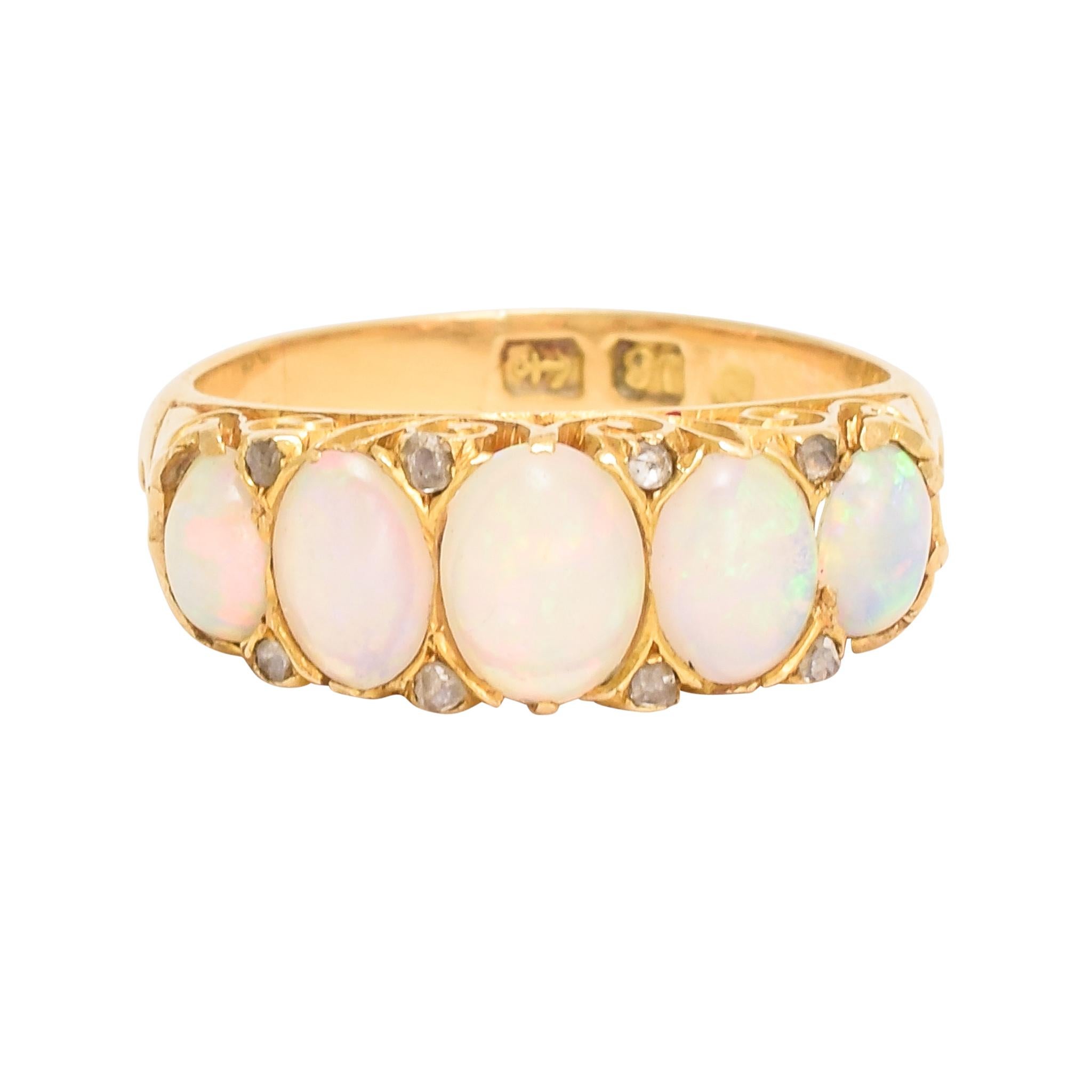 Antique Victorian Opal Diamond Scrolled 5-Stone Ring