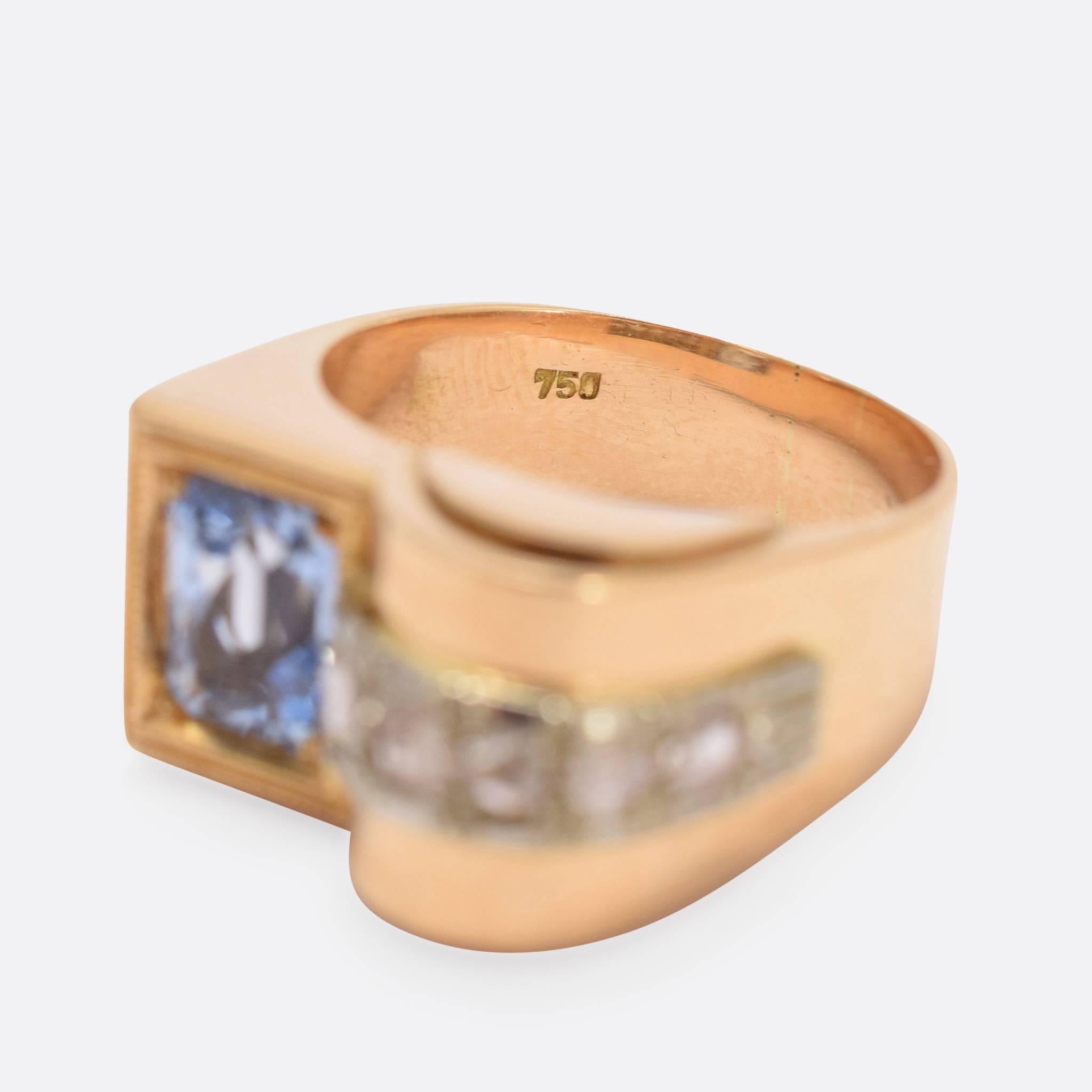 Women's 1940s Aquamarine and Diamond Gold Cocktail Ring