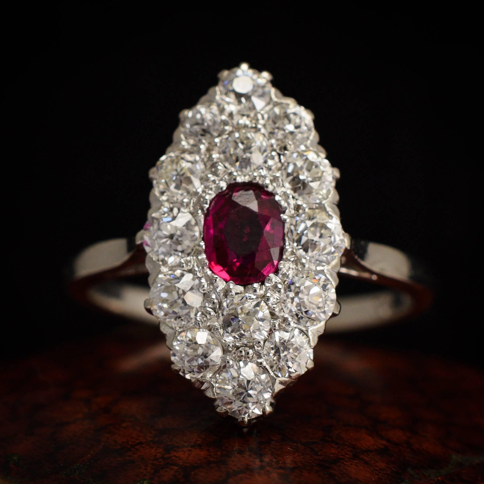 Antique Edwardian Ruby Diamond Platinum Marquise Cluster Ring 1