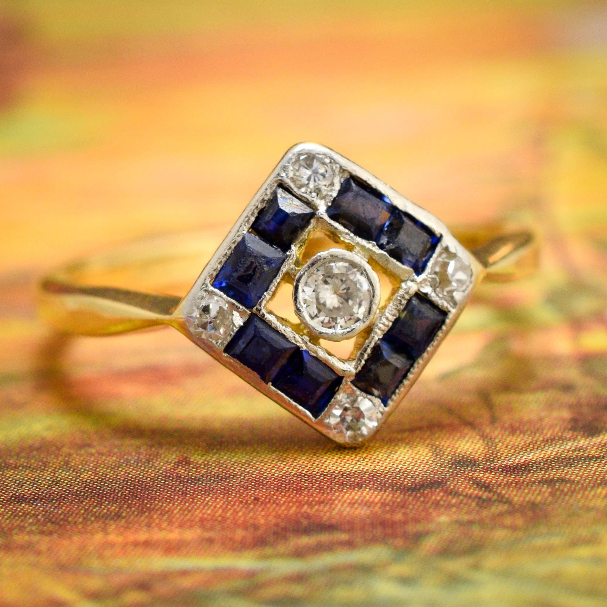 Art Deco Sapphire Diamond Square Cluster Ring 2