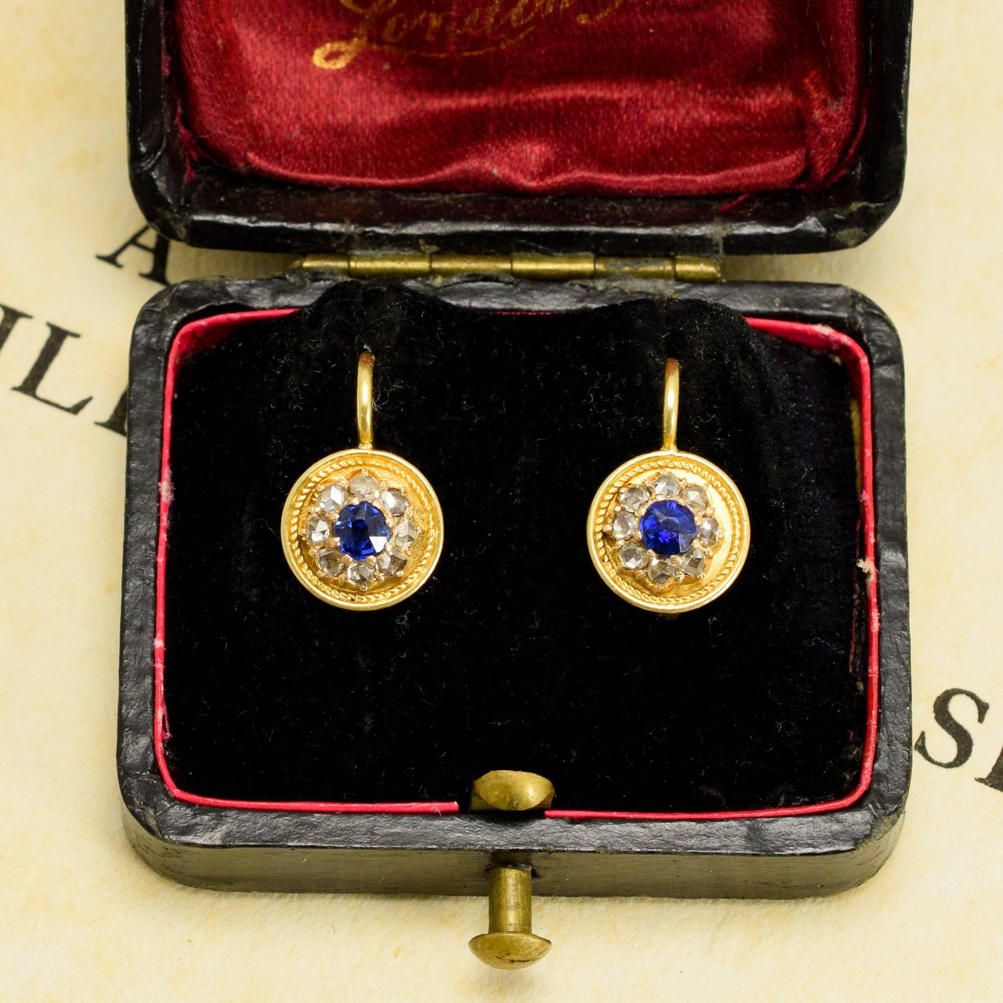 Women's Antique Etruscan Revival Sapphire Diamond Cluster Earrings