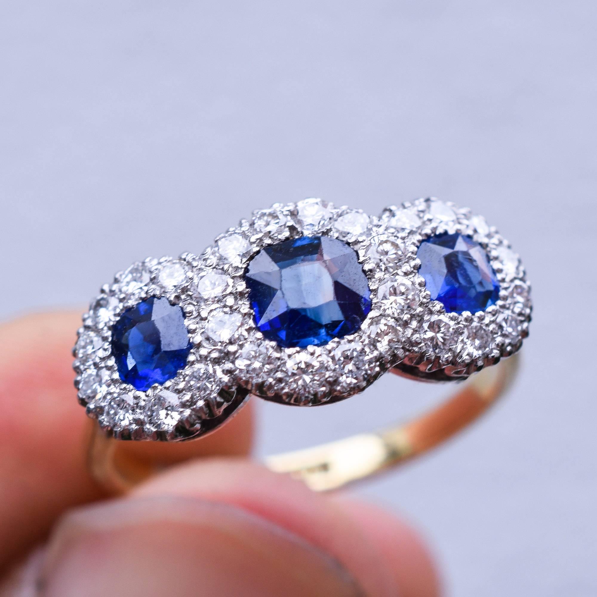 Antique Edwardian Blue Sapphire Diamond Three-Stone Cluster Ring 2