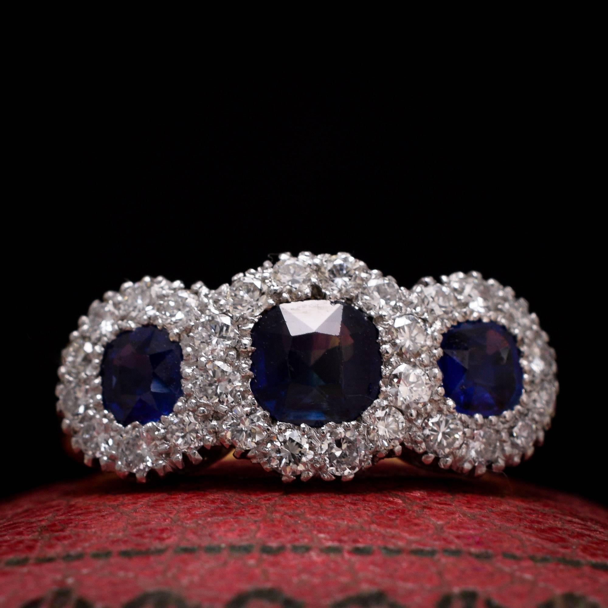 Antique Edwardian Blue Sapphire Diamond Three-Stone Cluster Ring 3