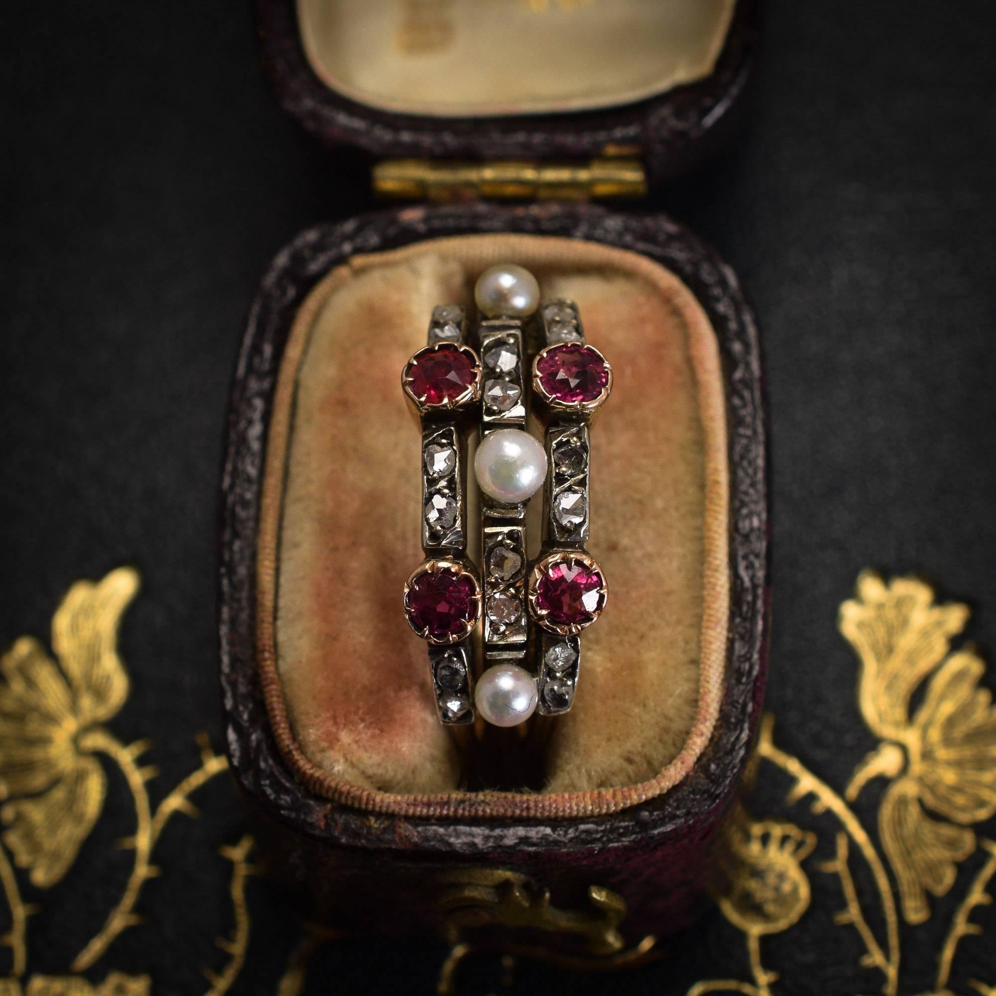 Victorian Ruby Diamond Pearl Harem Ring In Good Condition In Sale, Cheshire