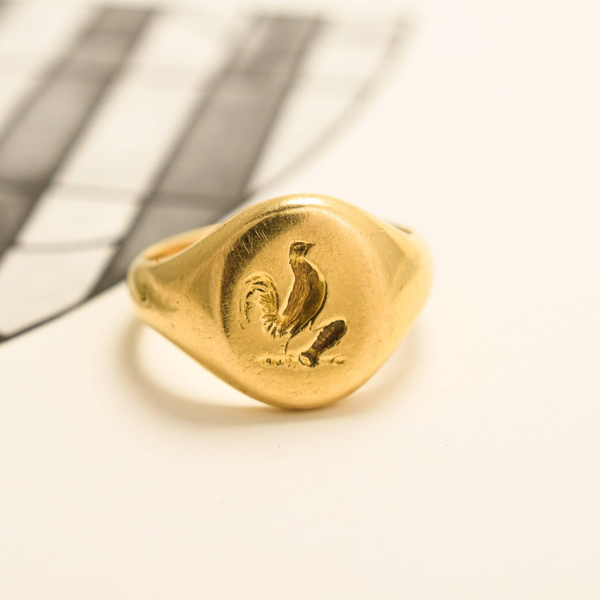 Women's or Men's Antique Edwardian Rooster Intaglio Gold Signet Ring