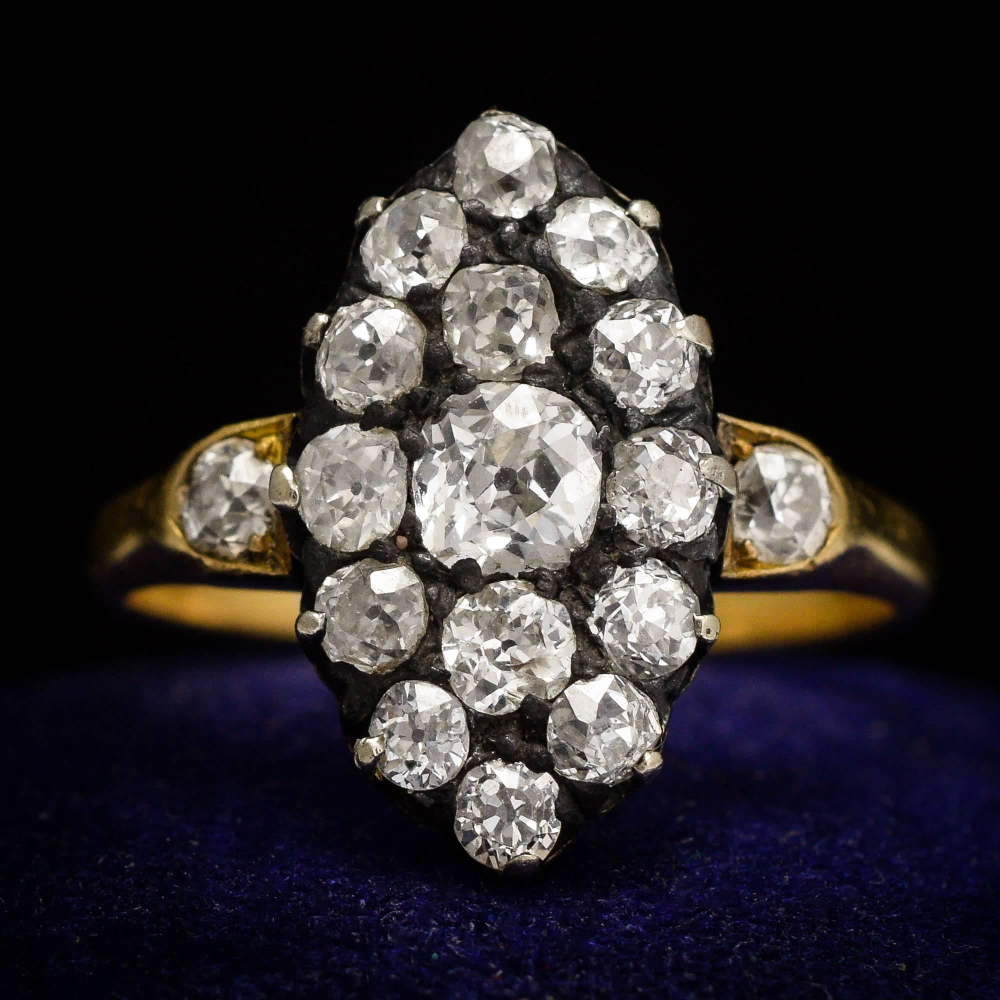 Victorian 2 Carat Old Cut Diamond Marquise Ring 1