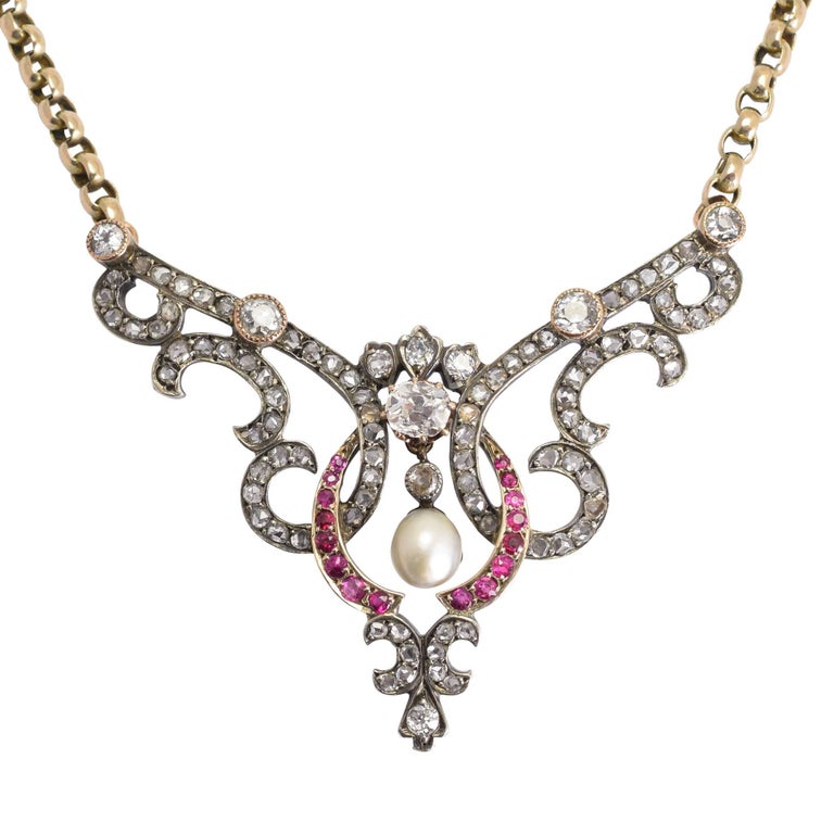 Late Victorian Diamond Ruby Pearl Necklace at 1stDibs