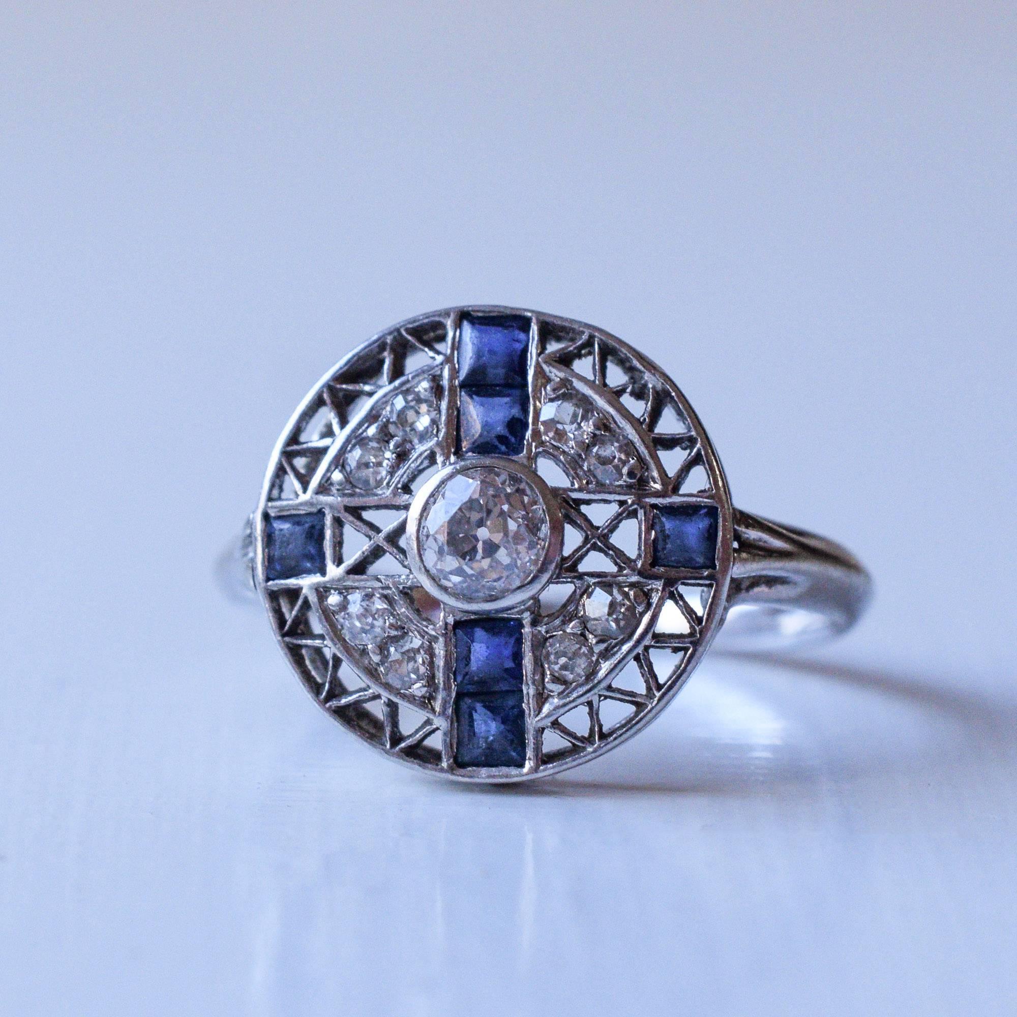 Art Deco Sapphire Diamond Openwork Cluster Ring 2