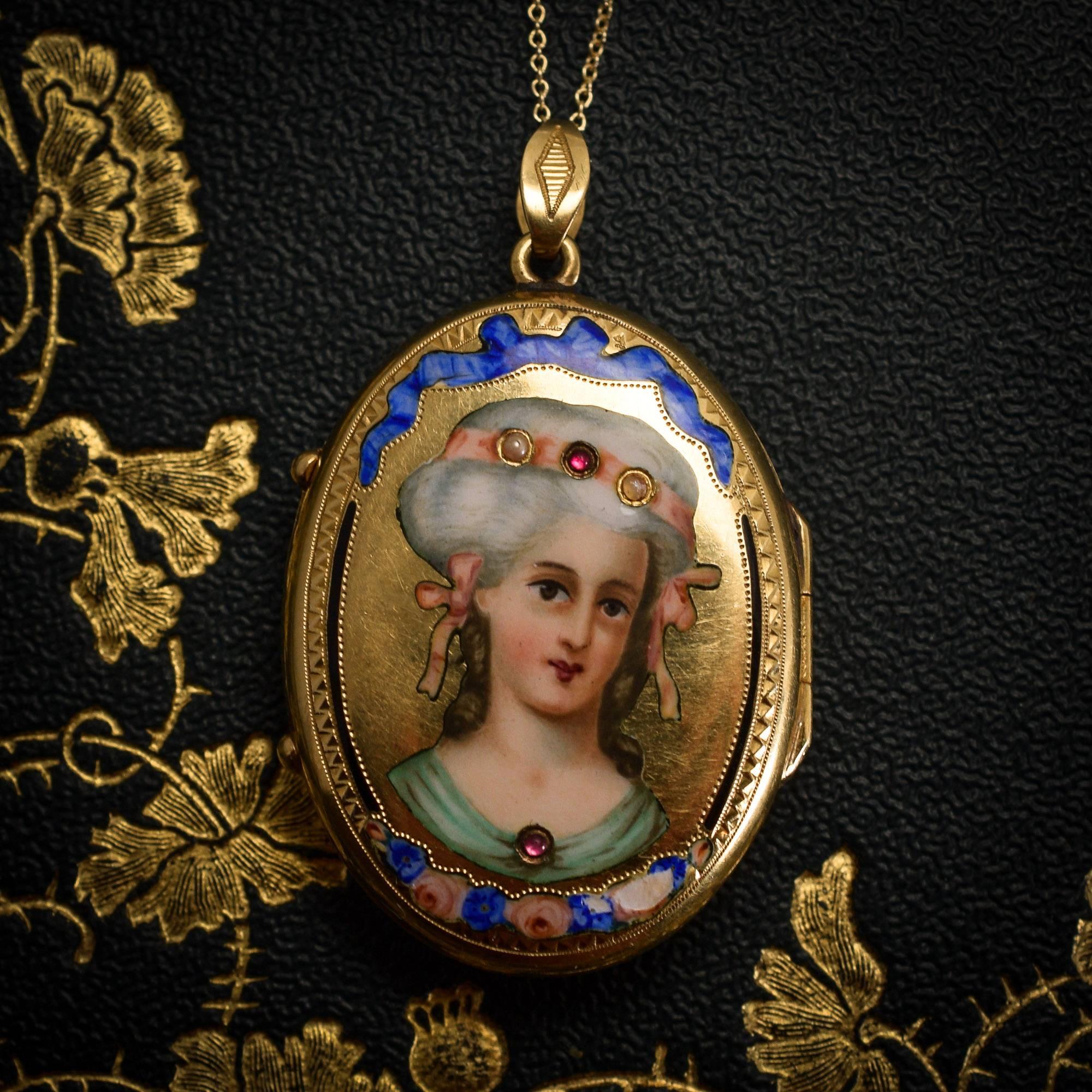 Women's 19th Century Ruby Pearl Enamelled Portrait Locket