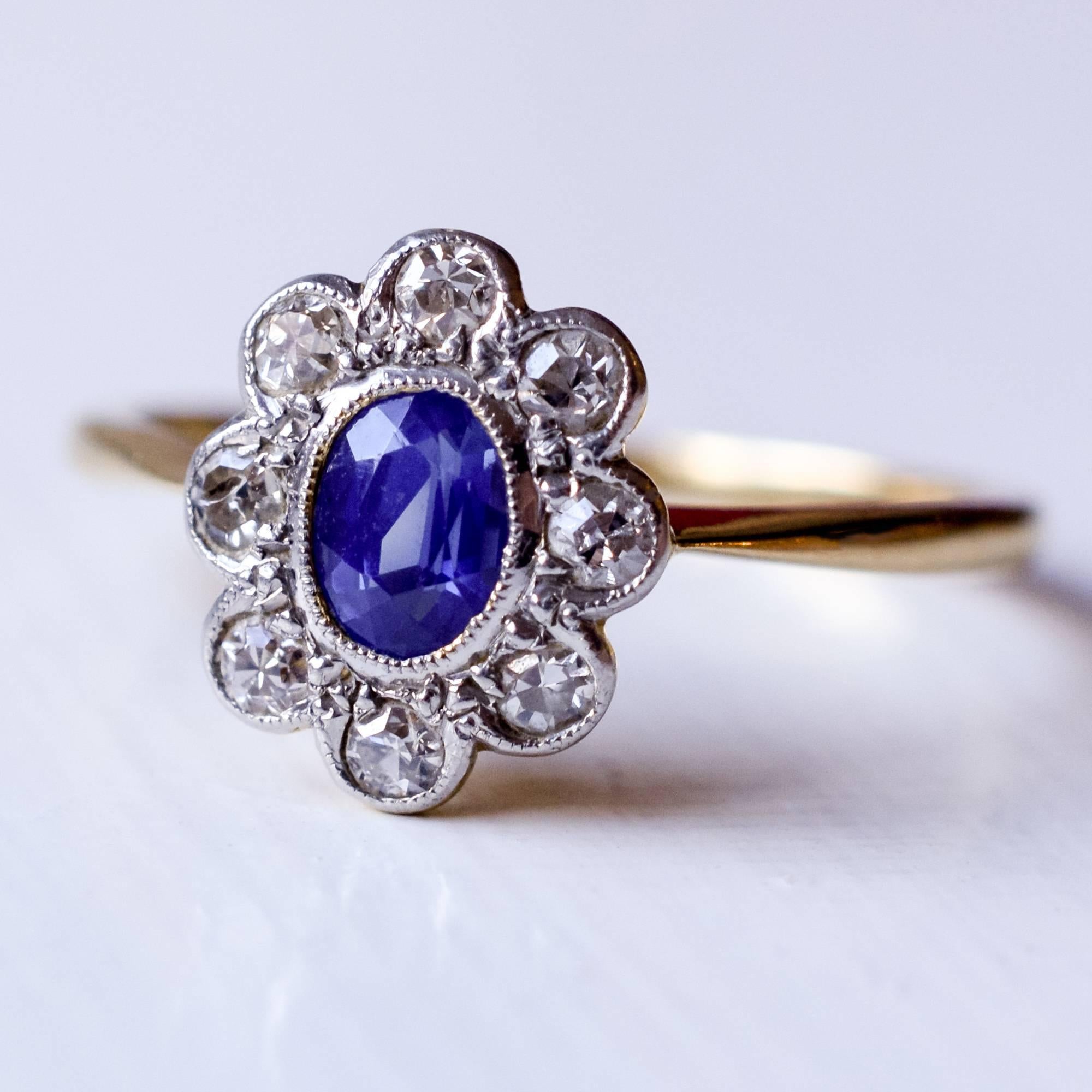 Oval Cut Edwardian Sapphire Diamond Flower Cluster Ring