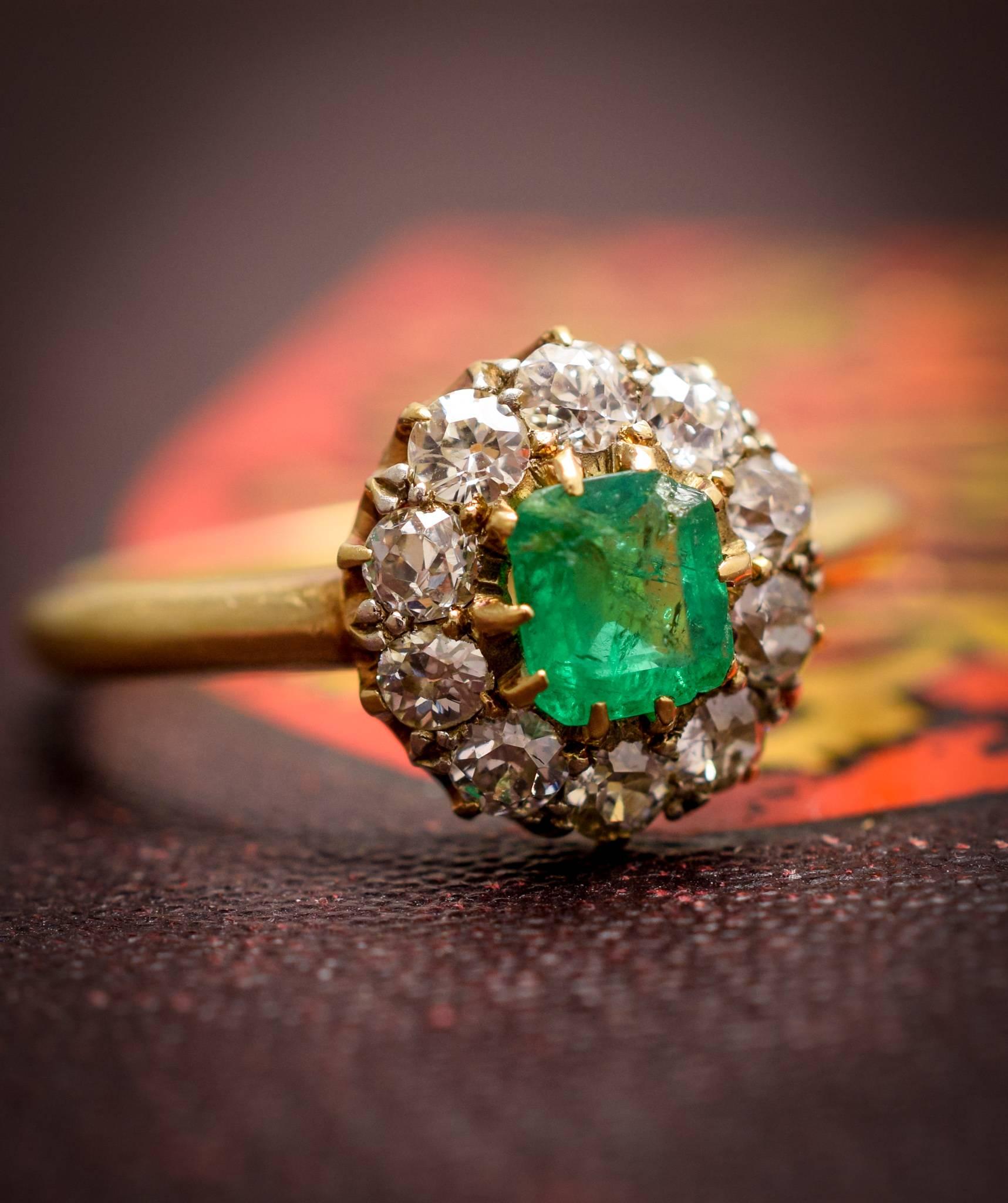 Antique Edwardian Emerald Diamond Round Cluster Ring 1