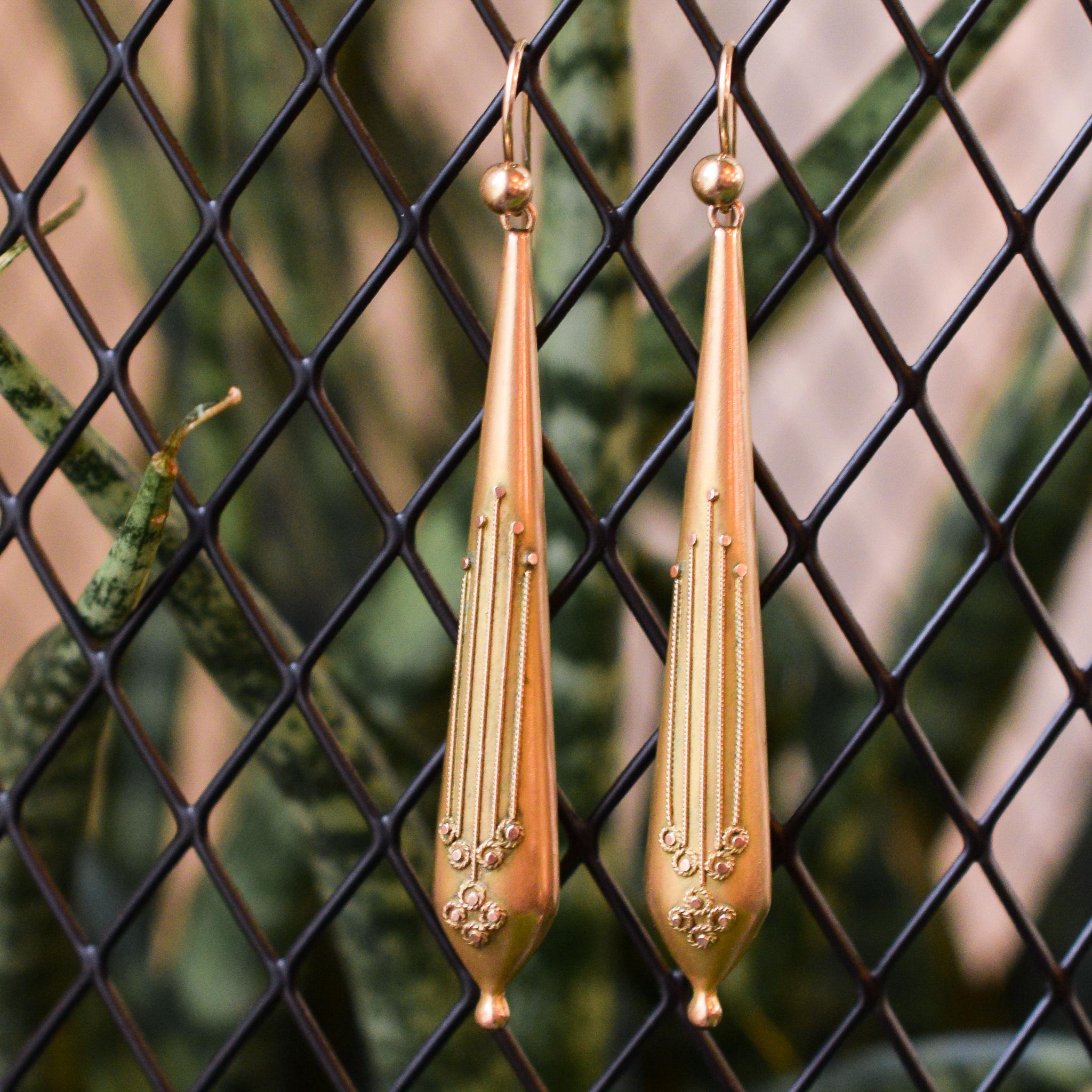 Women's Antique Victorian Etruscan Revival Gold Torpedo Earrings