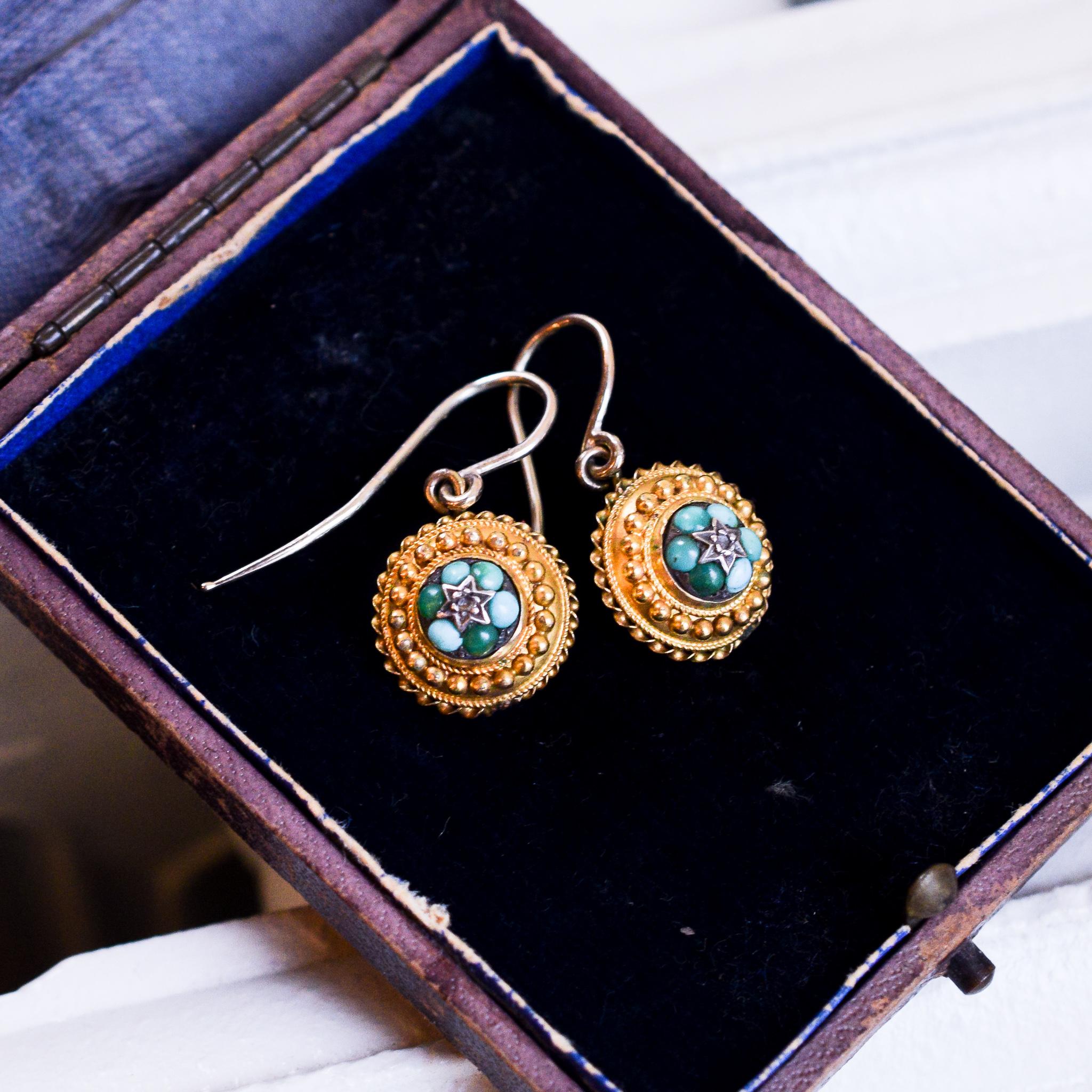 Antique Victorian Etruscan Revival Turquoise Diamond Earrings 1