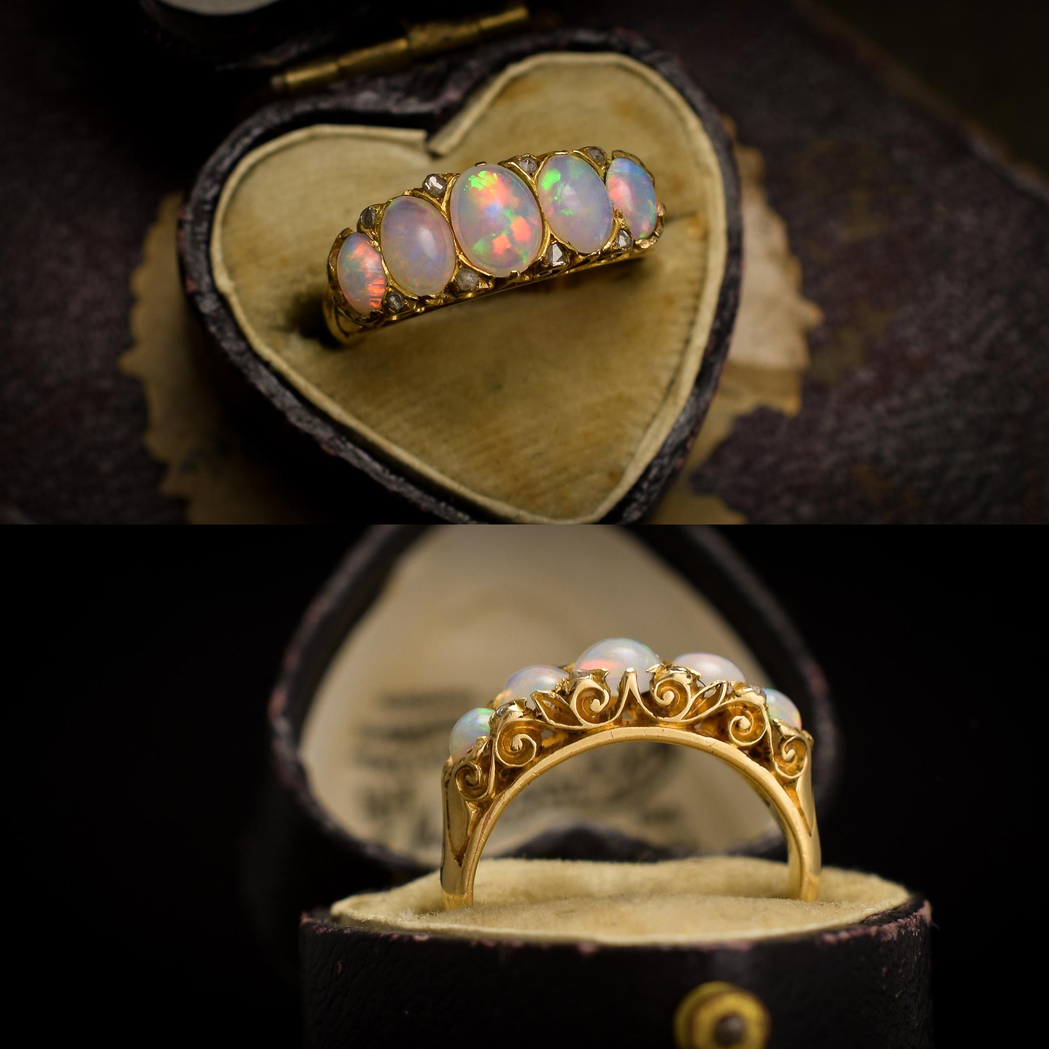 Antique Victorian Opal Diamond Scrolled 5-Stone Ring 2